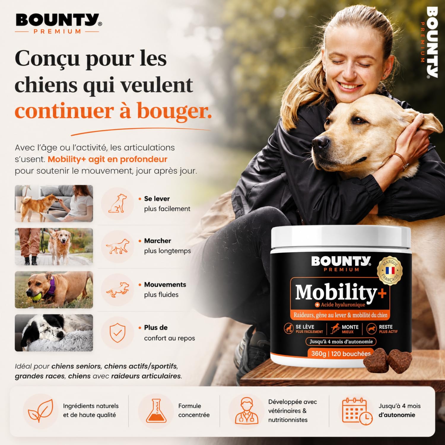 Mobility+ Complément Articulaire Chien – Arthrose & Douleurs Articulaires – 7 Actifs : Glucosamine, Chondroïtine, Collagène, Acide Hyaluronique, MSM – Senior & Grande Race – 120 Bouchées