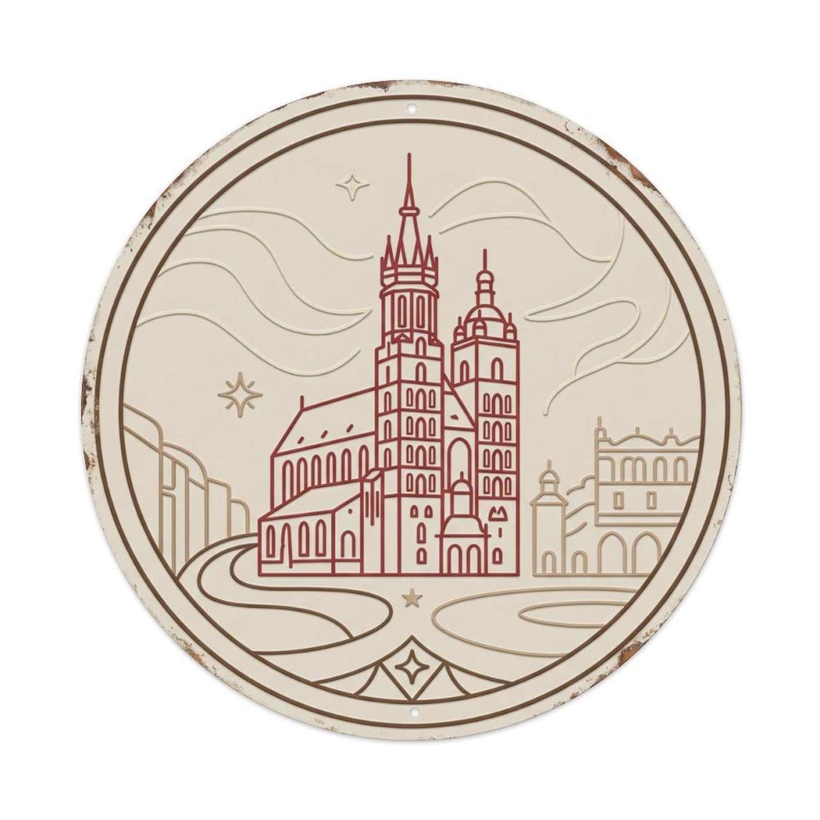 Krakow Streamline Square Travel Metal Tin Sign Plaque Wall Decor for Cafe, Club Bar, Office, Home Garden Round Metal Poster 8x8Inch