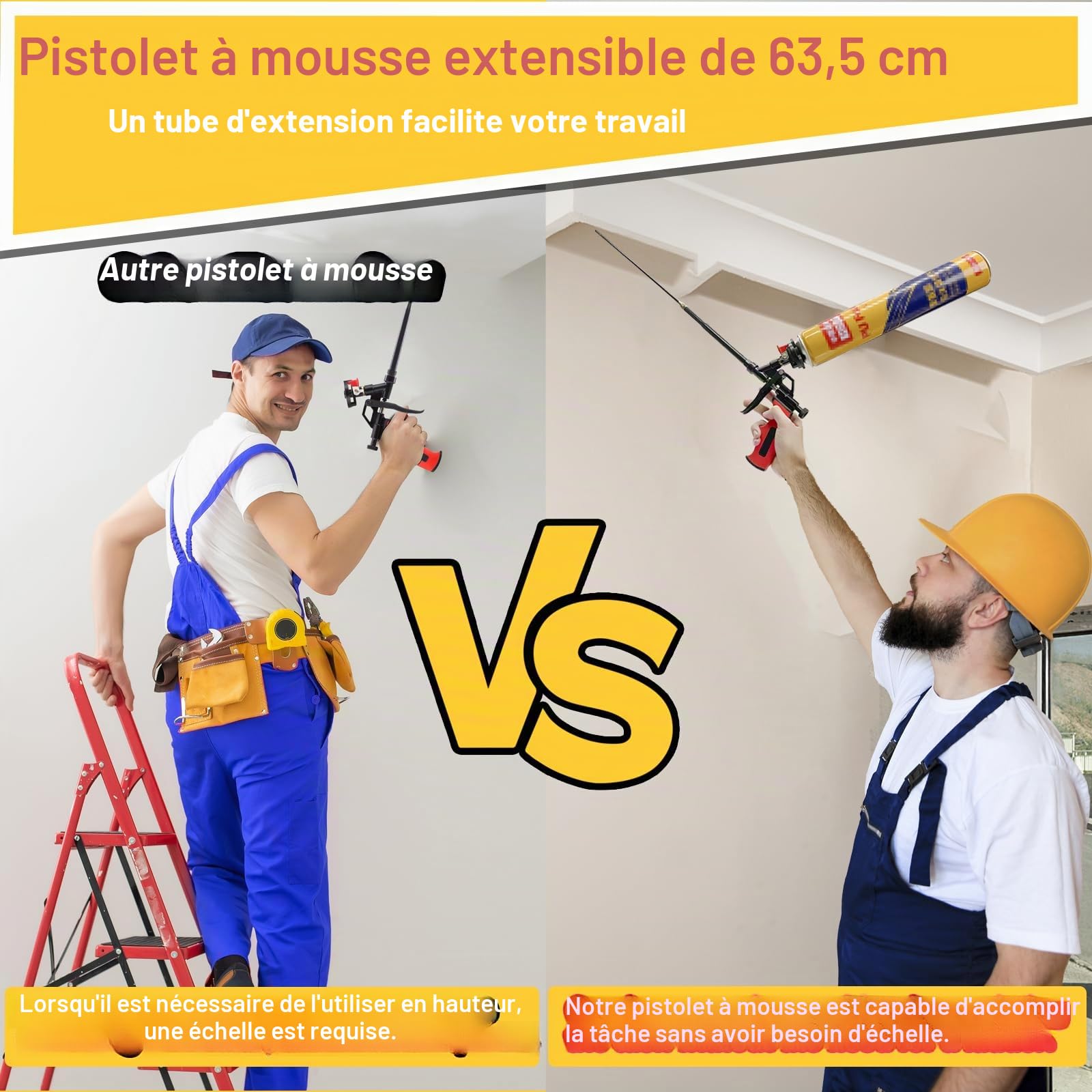 Pistolet à mousse extensible 63cm – Panier revêtu PTFE antiadhésif, pistolet professionnel pour mousse expansée, calfeutrage, isolation, remplissage, scellement (Rouge)