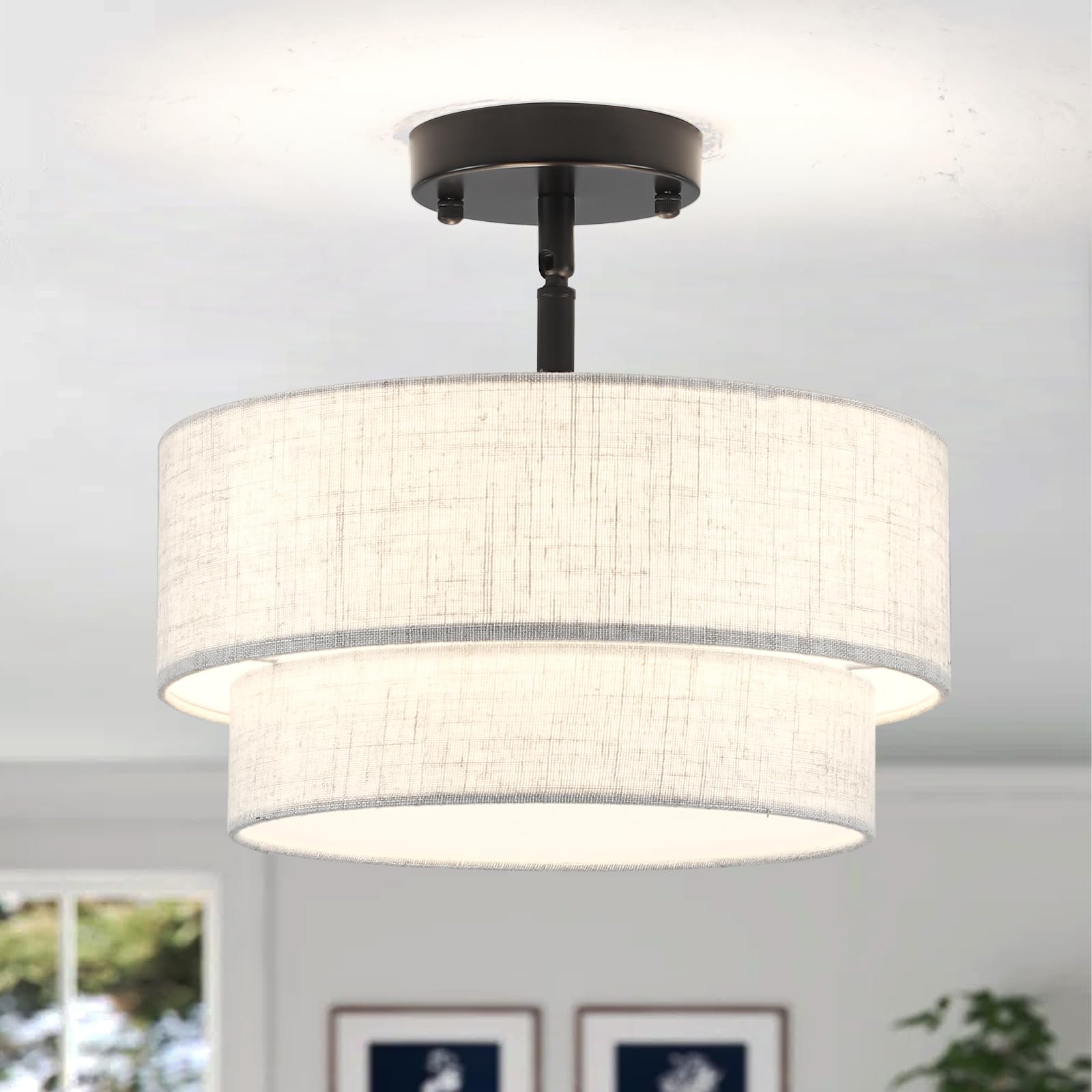 ASHUAQI Black Ceiling Light, 3-Light Semi Flush Ceiling Lights, Double Drum Fabric Ceiling Light with Linen Shade, E27 Round Modern Ceiling Lights for Bedroom Living Room Hallway Lounge Dining Room