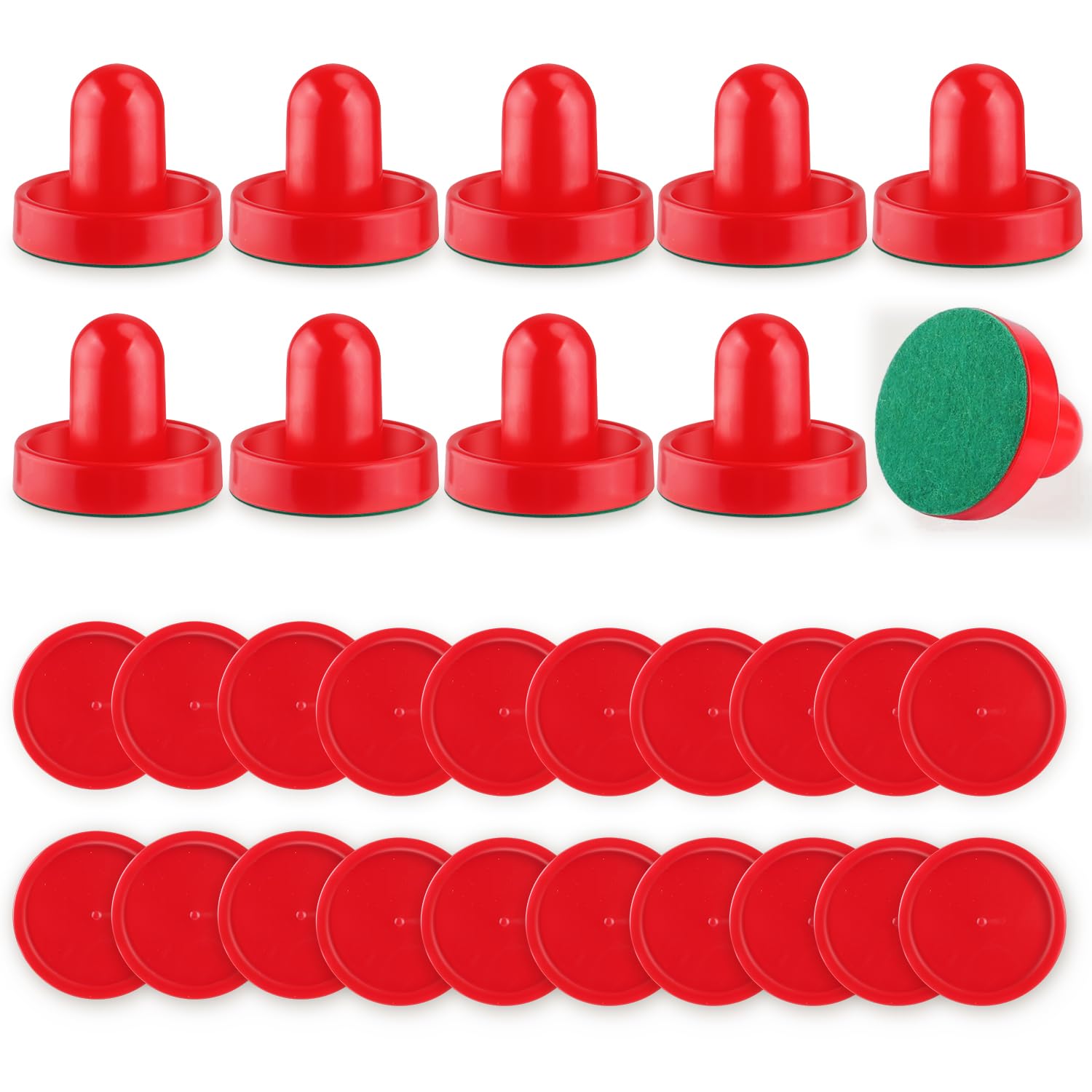 5 juegos de discos de hockey de aire de plástico rojo, mini asas de mesa de billar, accesorios de repuesto para mesas de juego, 10 empujadores, 20 discos rojos y 10 almohadillas verdes
