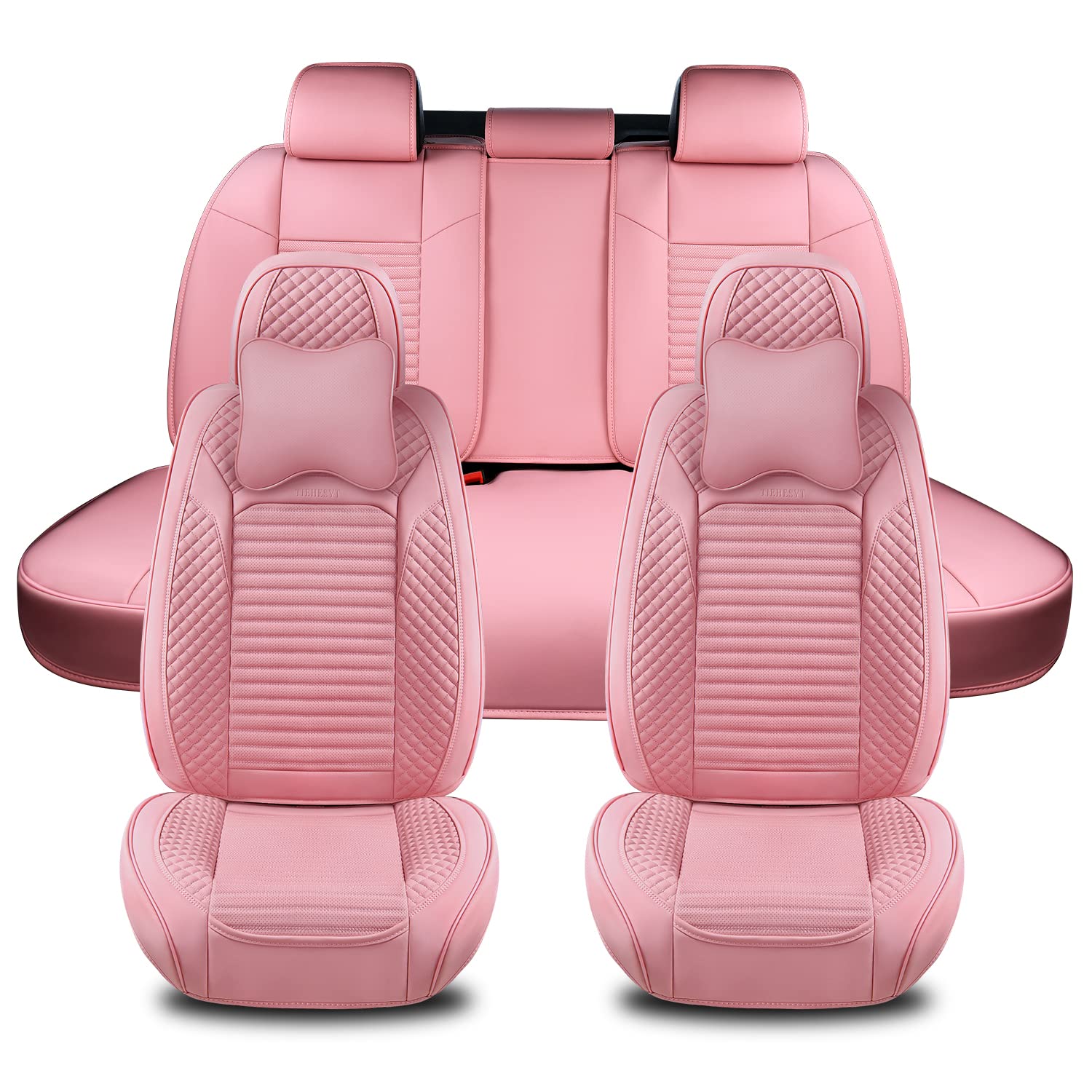 TIEHESYT Front and Back Seat Covers 5 Pcs, Waterproof Leather Car Seat Covers, Auto Seat Protectors Full Set for Full Year Driving, Fit for Most Sedans SUV Pick-up Truck, Pink