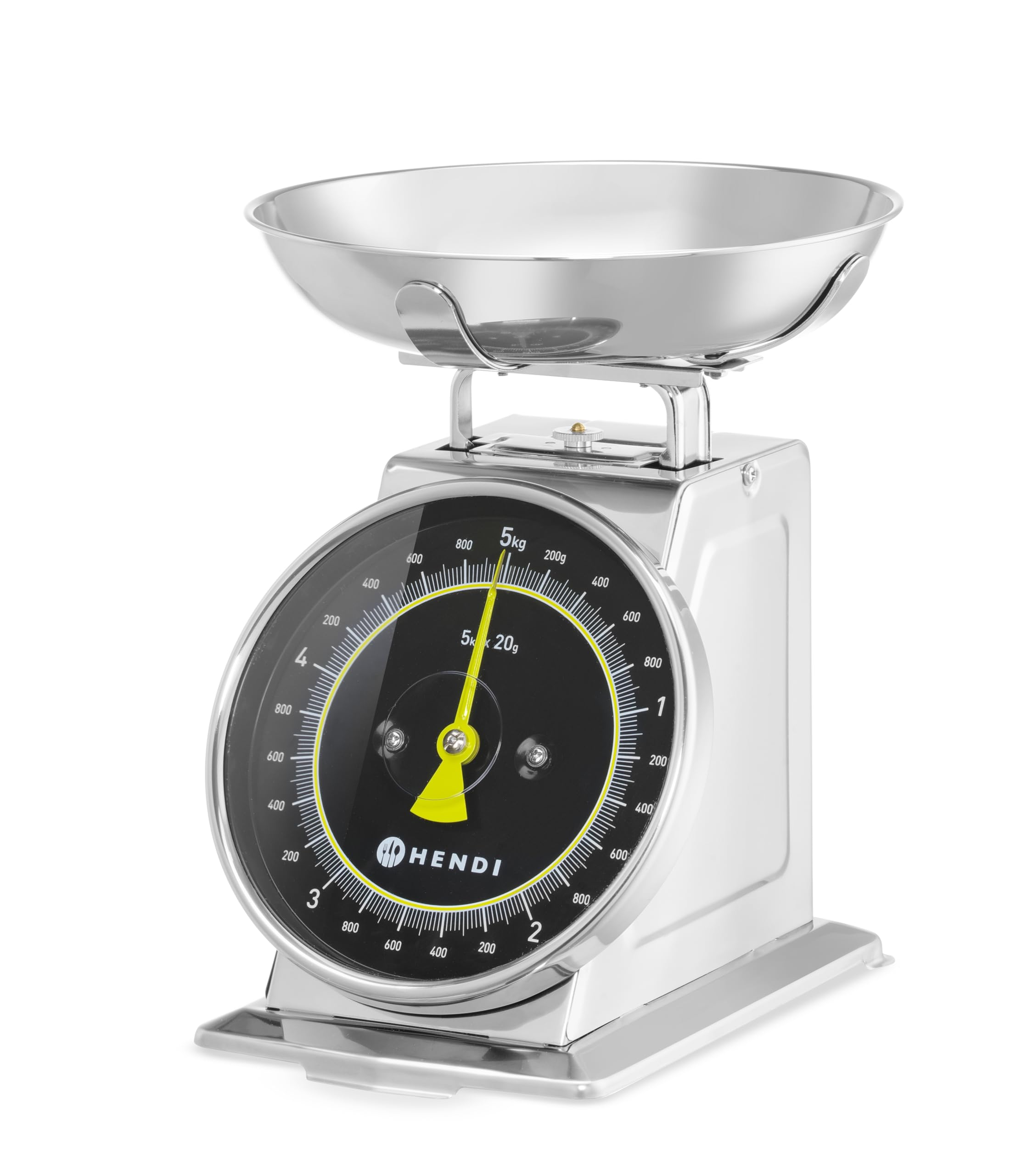 HENDI Báscula mecánica de cocina, Pesa con esfera analógica, Balanza con función tara manual, Capacidad 5kg, Graduación 20g, 207x231x(H)254mm, Acero inoxidable