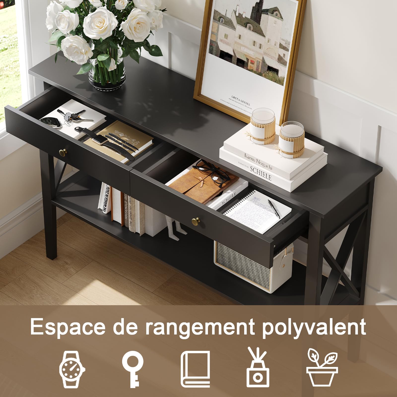 Console Meuble Design pour Espaces Étroits, Meuble 2 Tiroirs et Étagère Fixe pour Entrée, Salon et Couloir, Surface Lisse Facile à Nettoyer, Noir