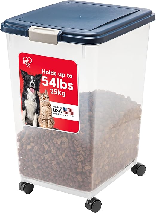 IRIS USA Dog Food Storage Container, Up to 54 Pounds, Attachable Wheels, For Dog Cat Bird and Other Pet Food Storage Bin, Keep Fresh, Easy Mobility - Made in USA, Nav