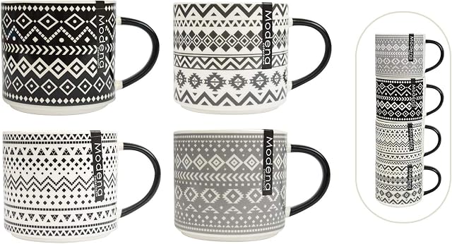 YöL Set of 4 stacking mugs coffee tea cups Aztec black cream grey bone china large