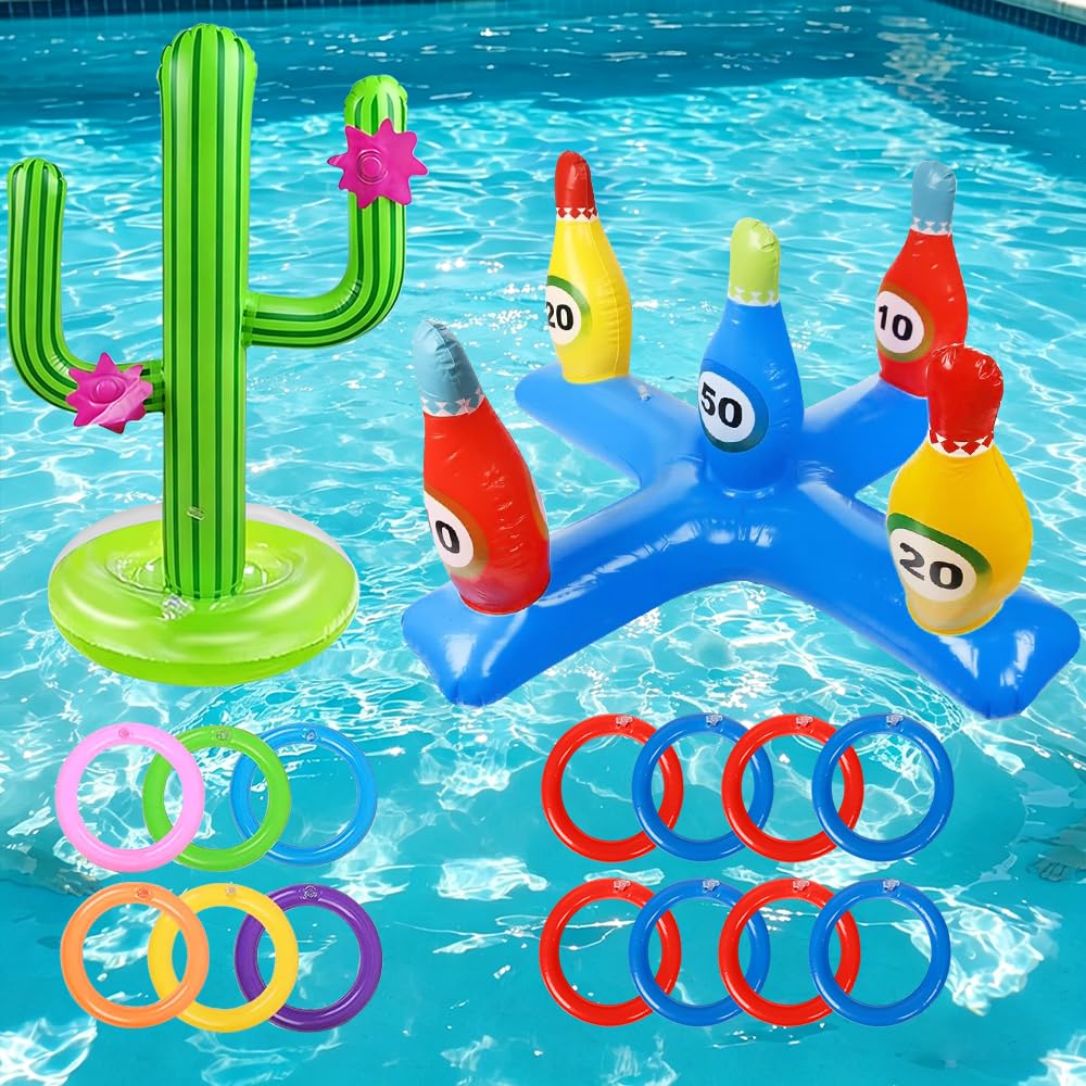 Nzkeuf 2 in 1 Inflatable Pool Games, Inflatable Water Bowling and Cactus Pool Hoop Set with 14 Loops, Floating Swimming Pool Toy for Ground/Water Play, Ideal for Kids & Families, Games, Party