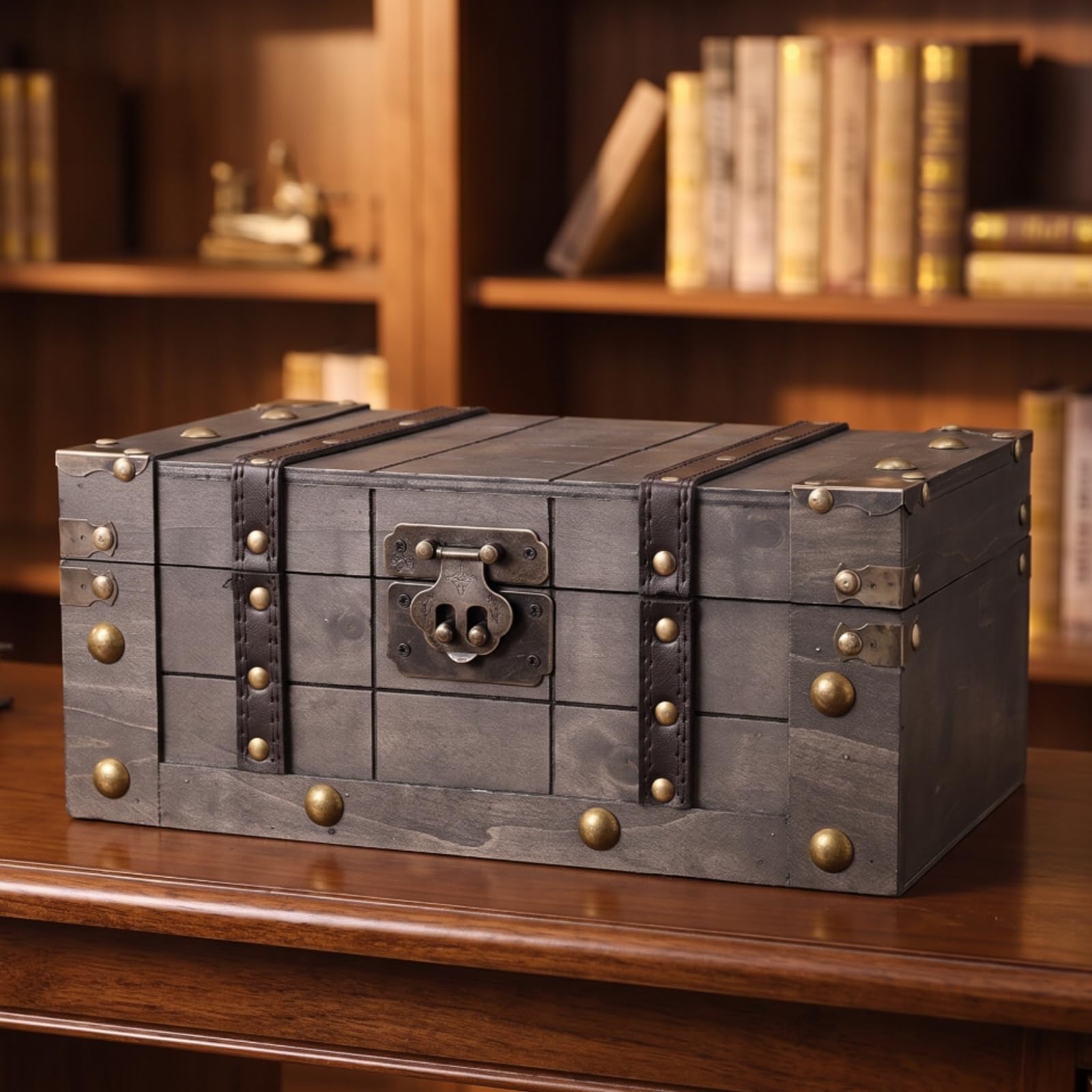 Baoblaze Baúl Antiguo de Madera Caja Contenedor Decorativo con Tapa Abatible Madera con Pátina Verdosa Correas y Remaches Cierres Metálicos Asas Laterales, Verde Envejecido, Grande
