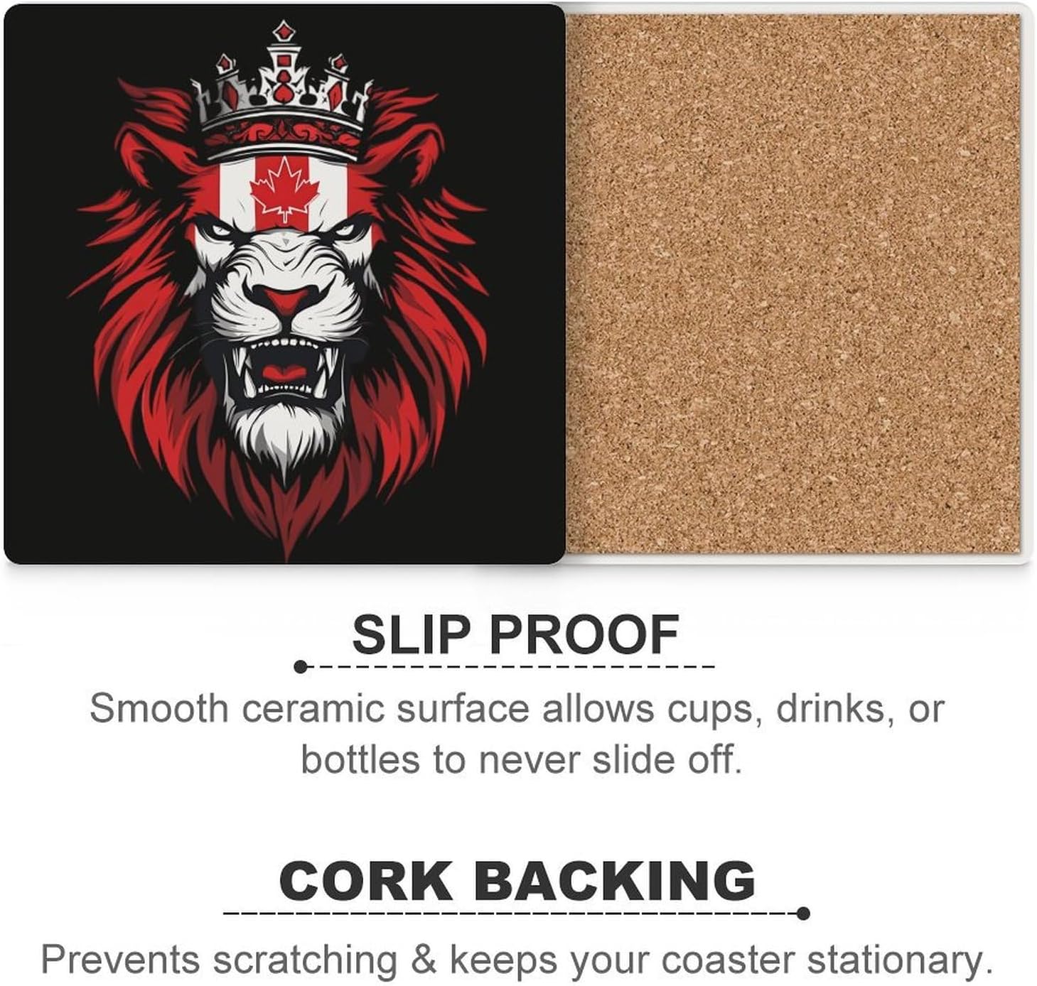 Lion Canada Flag Funny Ceramic Coasters for Drinks Absorbent Cup Holder Tabletop Protector with Cork Base