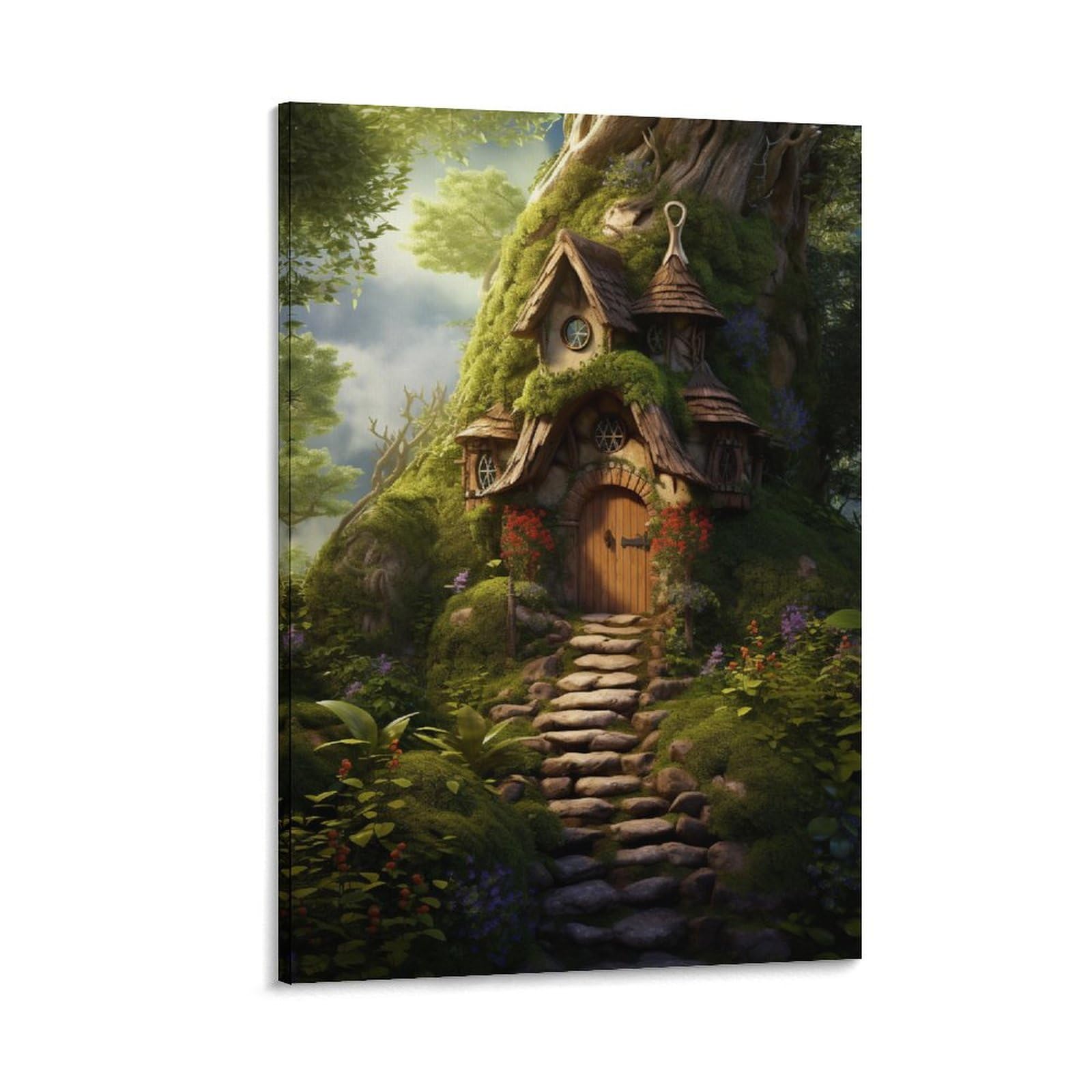 Foccar Frame-Romantic Tree House Romantic Tree House Canvas Wall Decor Gorgeous Nature Forest Flowers Poster Wall Art For Living Room Bedroom Artwork