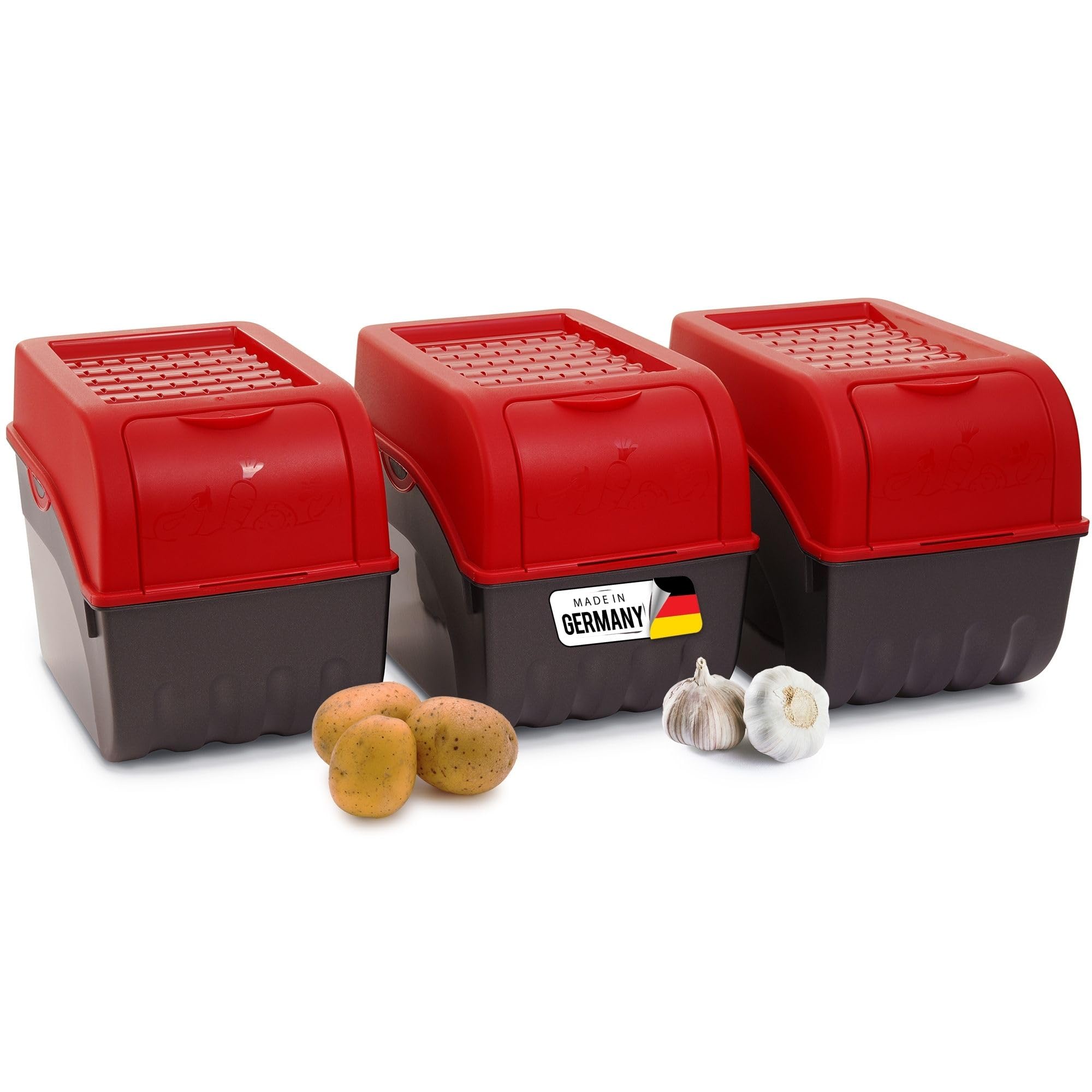 Novaliv Kartoffel Aufbewahrungsbox | 3x groß 9L | ROT | Kartoffelbox | Gemüsebox stapelbar Zwiebelbox Kartoffelkorb Obstbehälter Kartoffelkiste Zwiebel Aufbewahrung Frischhaltedose Möhren