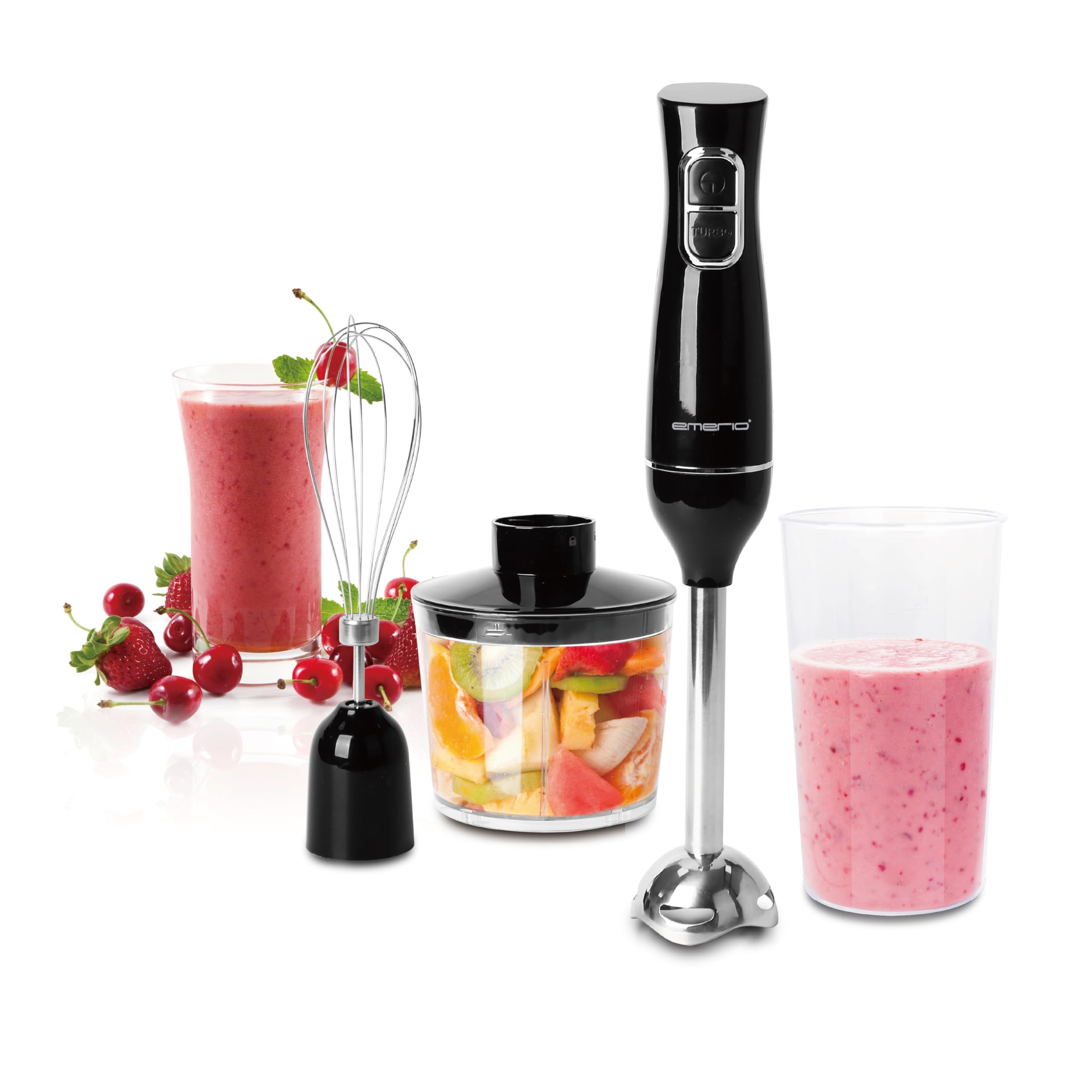 EMERIO HB-130492 blender ręczny 4 w 1 z 2 prędkościami + funkcja Turbo | stal nierdzewna | blender ręczny + trzepaczka + rozdrabniacz wielofunkcyjny 500 ml + kubek z miarką 700 ml | kabel 1,2 m |