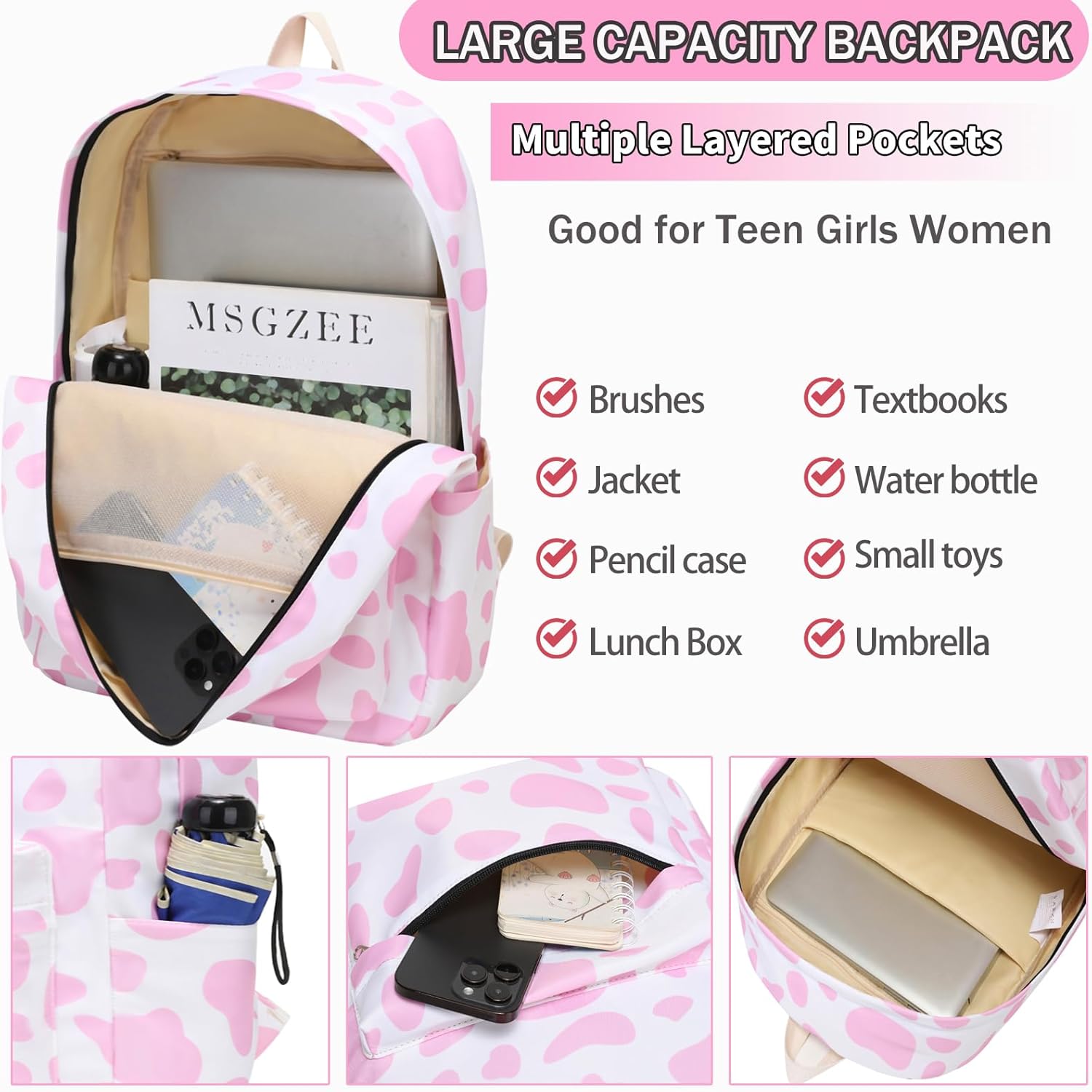 School Backpack for Girls Teens Cow Bookbag with Lunch Box Set Kids Backpack Elementary Middle School Bag (Cow Print-Pink) - Image 6