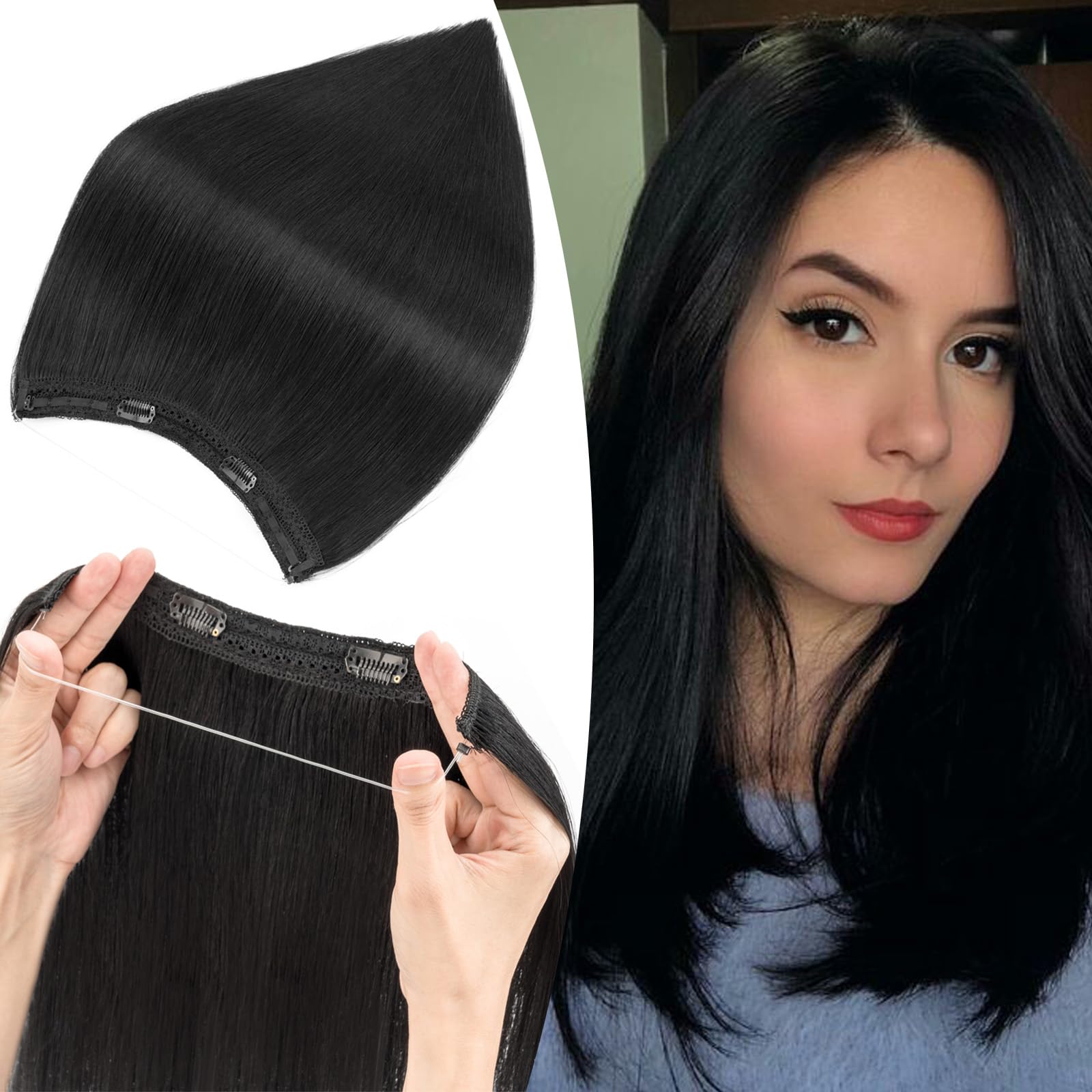 S-noilite Wire Hair Extensions Human Hair Jet Black Invisible Fish Line Hair Extensions Real Hair One Piece Human Hair Extensions 20 Inch 70g