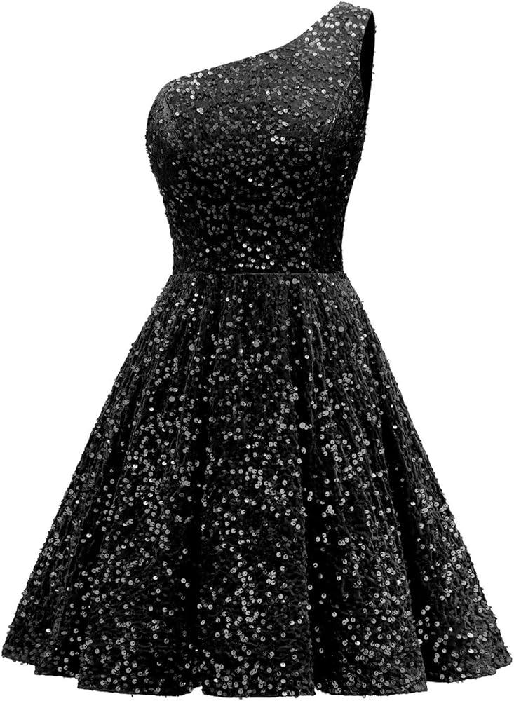 blue dress for baby girl Cute Bodycon One Shoulder Black Sequins Short Homecoming Dresses VK23010601  – Vickidress main image 1