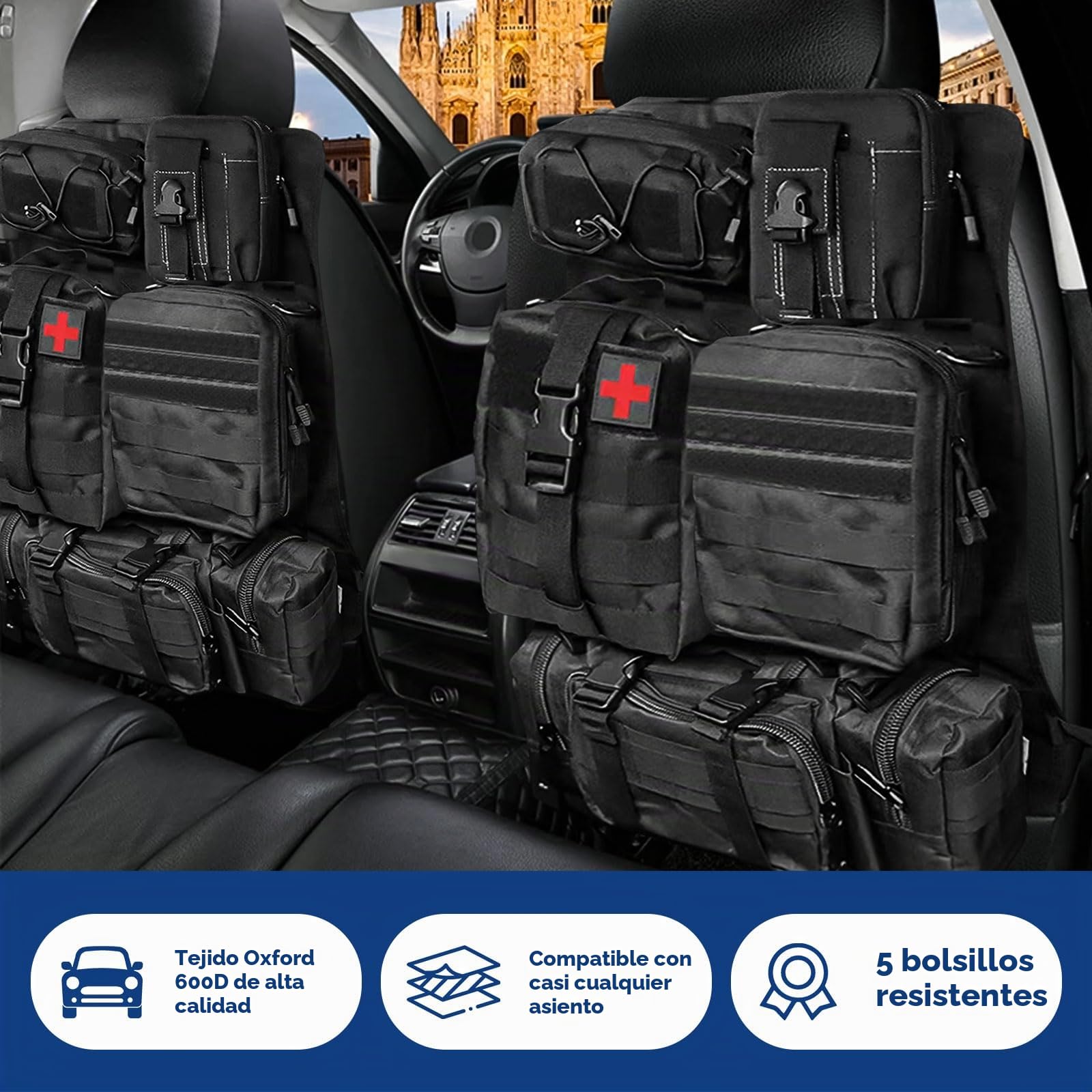 Organizador táctico de asiento de coche con 5 bolsas desmontables, protector de respaldo de coche Oxford 600D, impermeable, organizador táctico para la mayoría de coches, SUV, camionetas