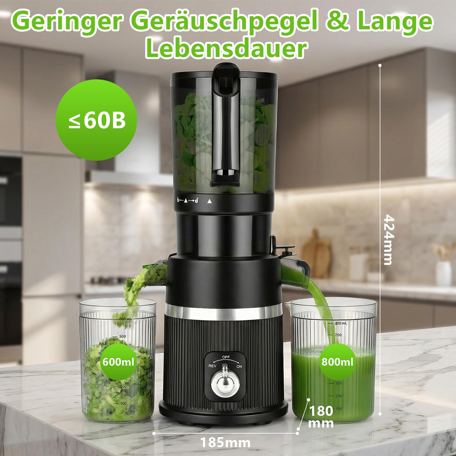 Entsafter Slow juicer 200W mit 112 mm Großem Einfüllschacht für Ganze Gemüse und Obst, Entsafter Gemüse und Obst Testsieger,BPA-Frei, Leicht zu Reinigen,Saftpresse Schwarz
