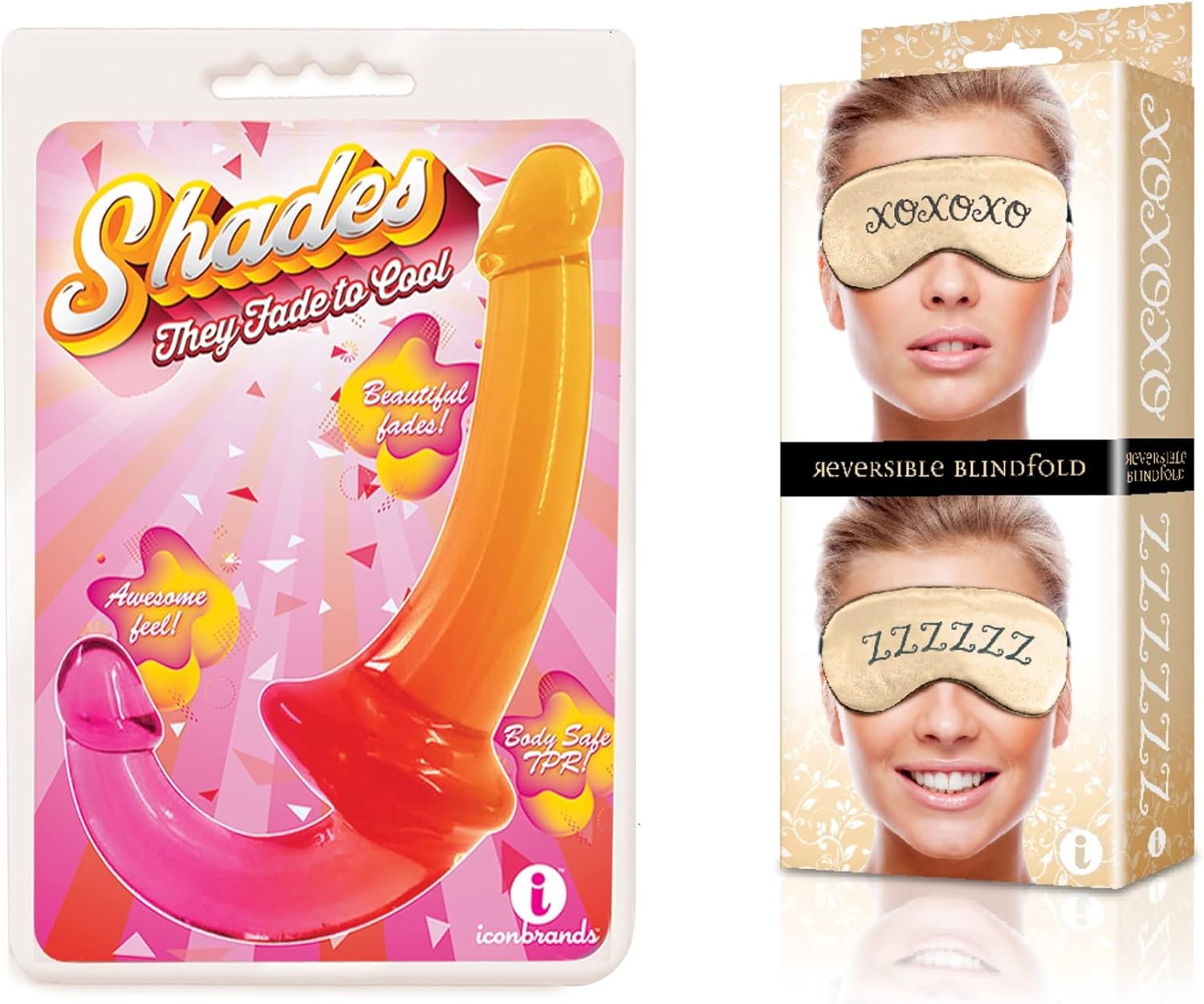Sexy, Kinky Gift Set Bundle of Shades Jelly TPR Gradient Strapless Strap On - Pink/Yellow and Icon Brands XOXO/ZZZ Satin Blindfold