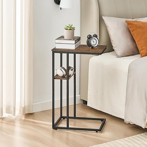 Miniatura 4 de Juego de 2 mesas auxiliares en forma de C, mesa de madera rústica y marco de metal, mesas auxiliares de doble capa para sala de estar, dormitorio,