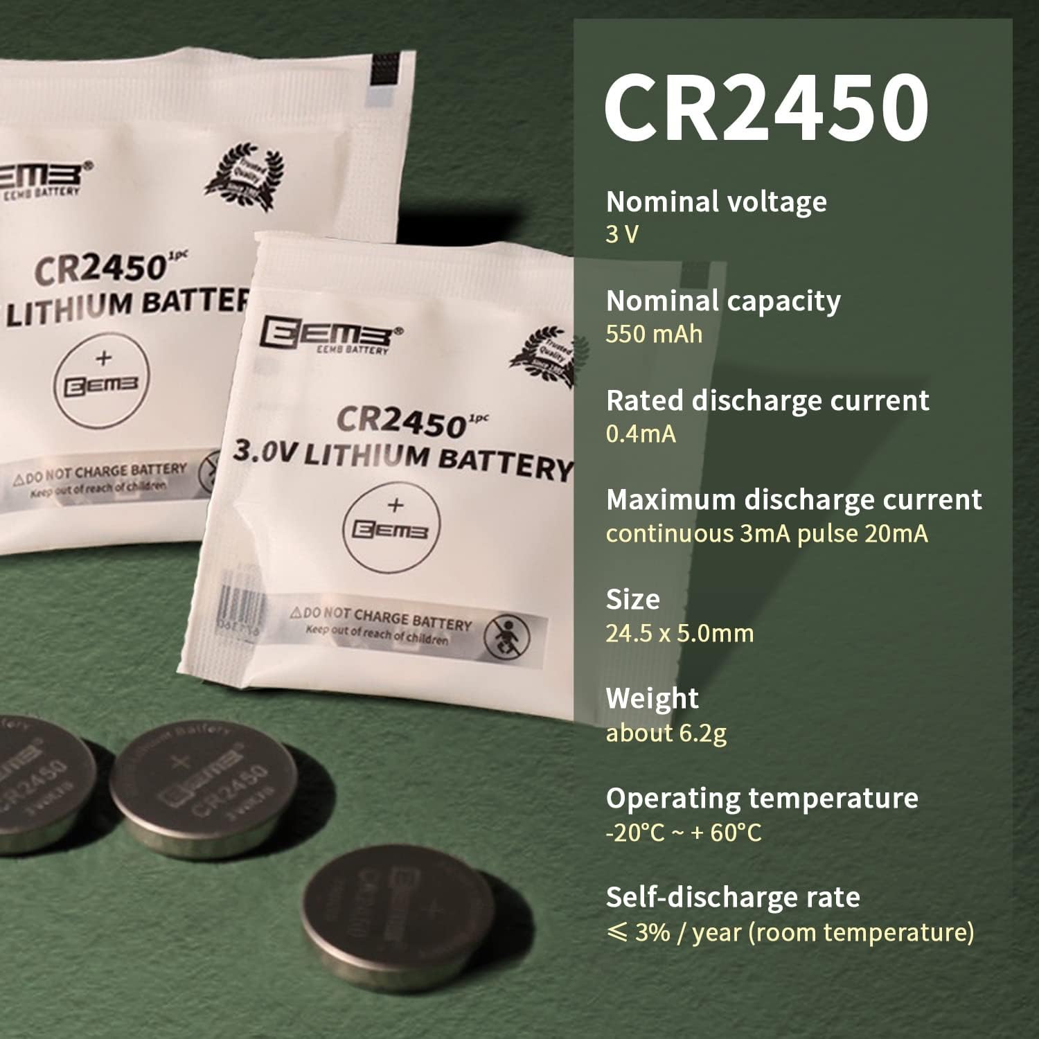 EEMB 5PCS CR2450 Battery 3V Lithium Battery Li-MnO₂ Button Battery 2450 Battery DL2450、ECR2450、BR2450 for Watch,Tea Lights,Votive Candles,Alarm System,Car Key Fob,Calculators,Toys,Games