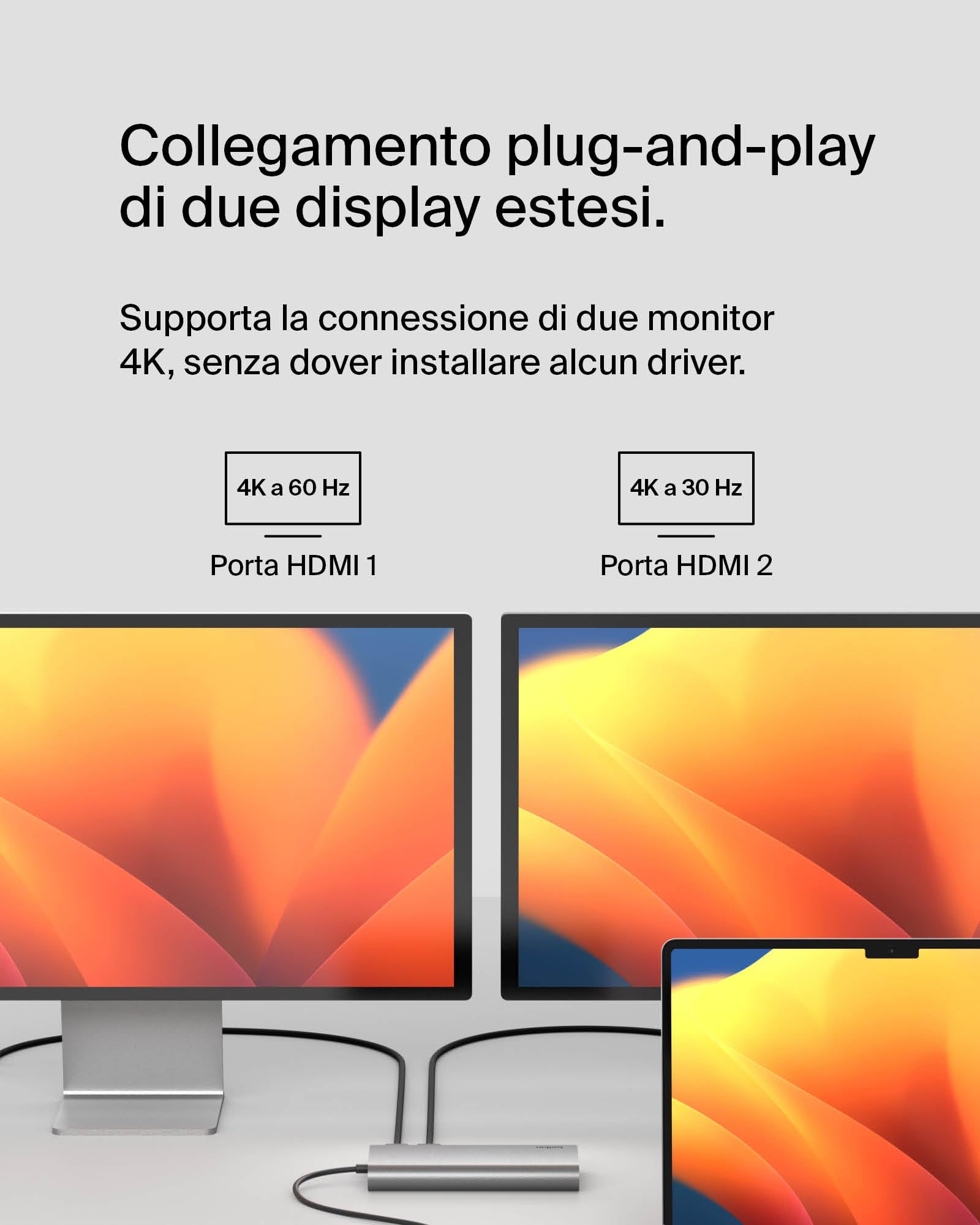 Belkin Connect Hub universale 8 in 1 USB-C per 2 display Core con tecnologia Silicon Motion, compatibile con Mac, Windows e Chromebook, 100 W PD, velocità di trasferimento di 10 Gbps, 1 GbE, Argento