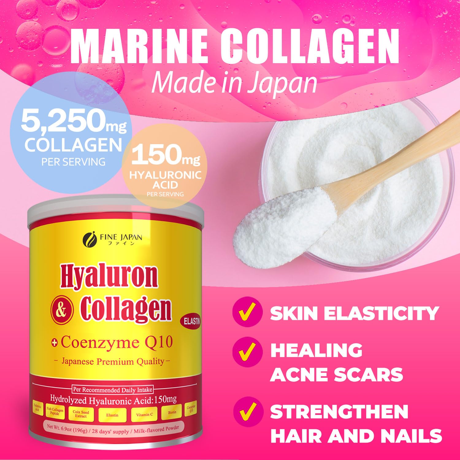 FINE JAPAN Premium Marine Collagen Powder with Hyaluronic Acid, CoQ10 & Elastin - Non-GMO - 30 Servings (196g / 6.9oz) — Amazon image 3