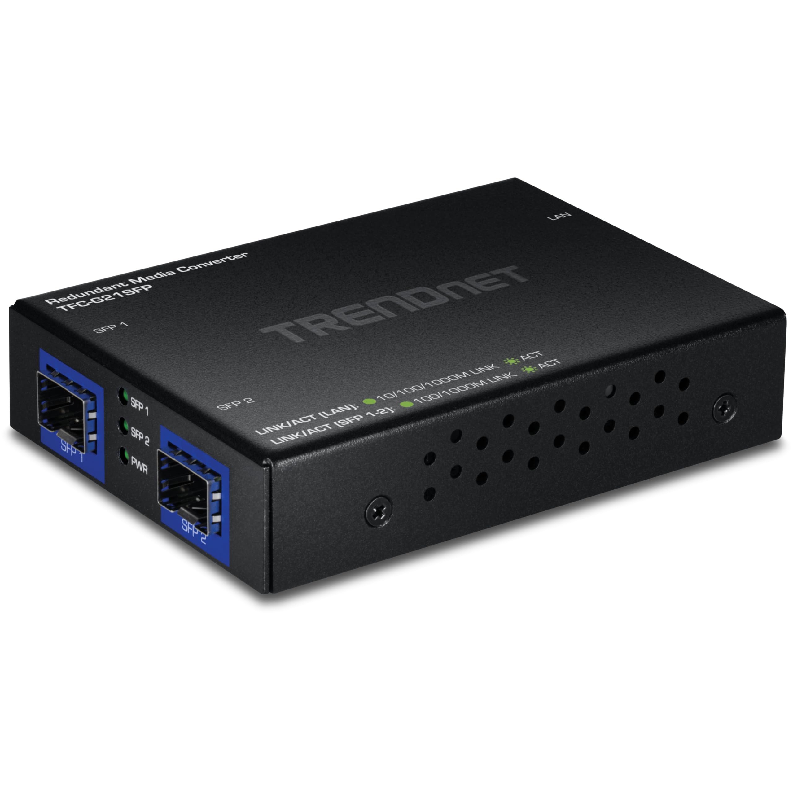 TRENDnet Convertisseur de média fibre 1000BASE-T vers double SFP avec mode redondant, TFC-G21SFP, 1 port Gigabit RJ45, 2 ports SFP Gigabit, conforme NDAA et TAA