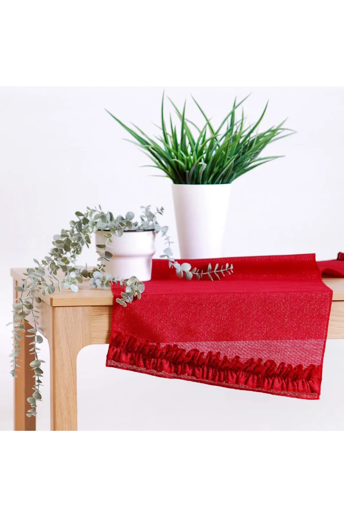 Viemso Simli Keten Runner Kırmızı Fırfırlı 45x150
