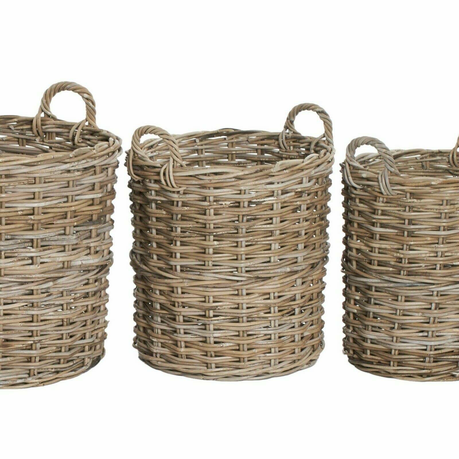 Round Wicker Log Storage Basket Grey and Buff Rattan Medium