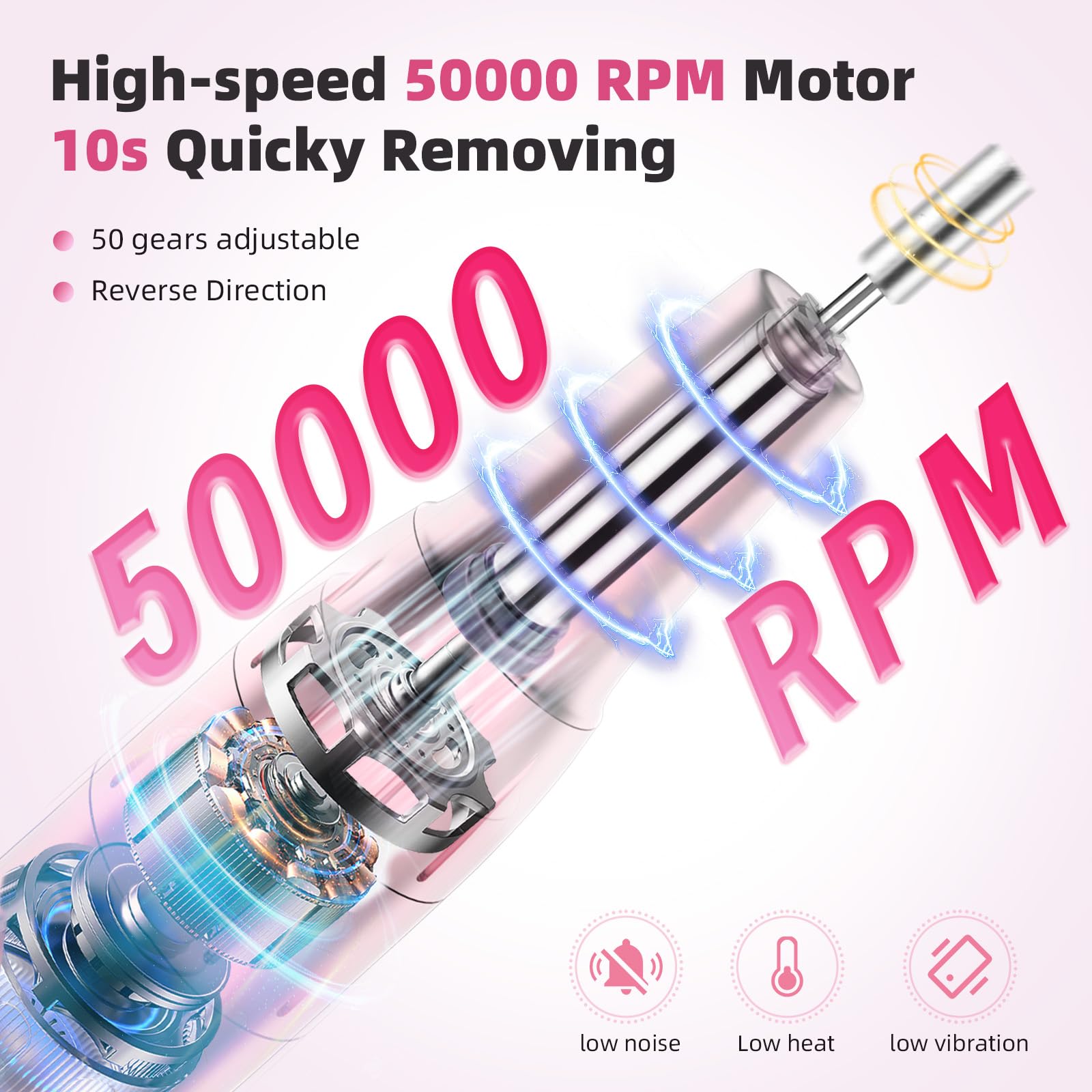PDGROW Nail Drill, 50000RPM Professional Cordless Electric Nail Files - Image 2