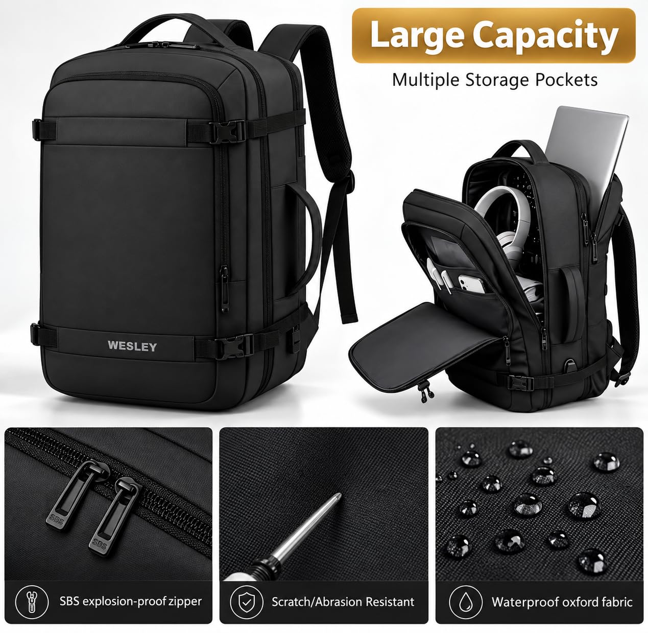 Wesley Laptop Backpack - Expandable Travel Carry On -2