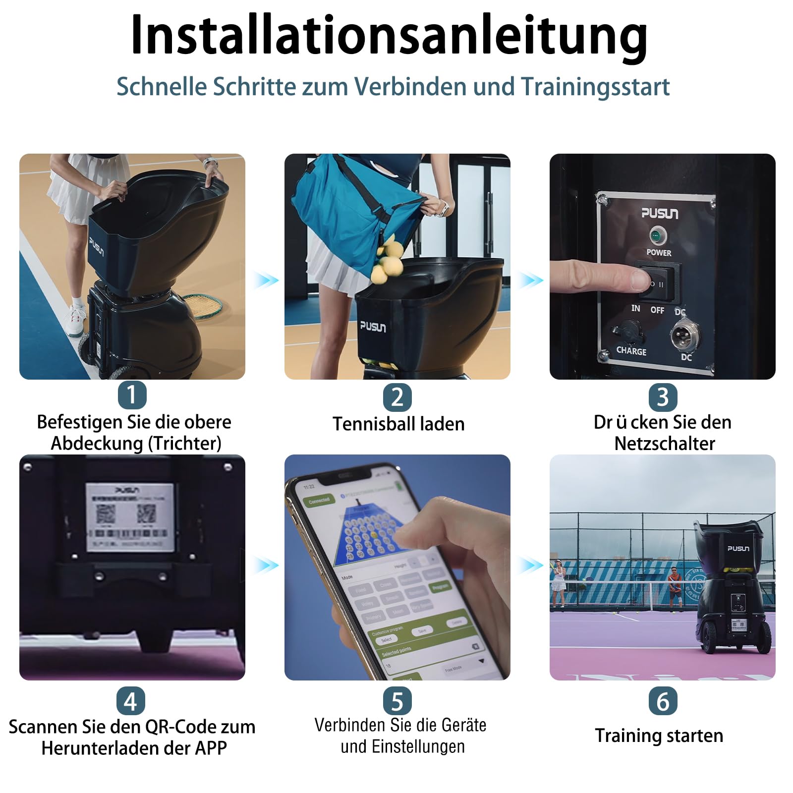 PUSUN PT-SMART Tennisballmaschine - Profi Ballwerfer mit APP-Steuerung (App für Apple Watch), 20 Landepunkte & 12 Modi, Smart Tennis Trainer für alle Spielniveaus (4-6 Std. Laufzeit)