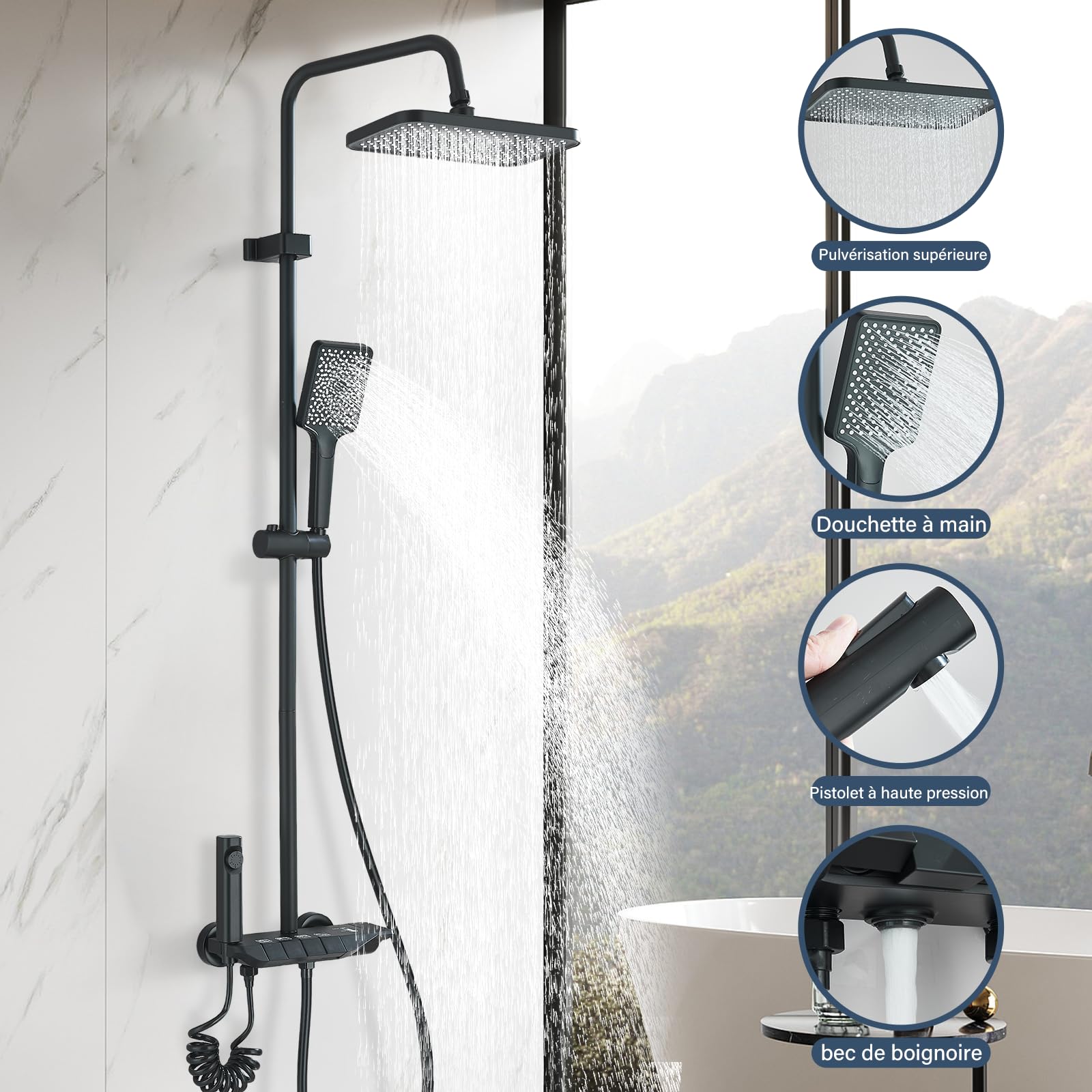 Colonne de Douche Noir Système de Douche Réglable en Hauteur Ensemble de Douche 4 Modes avec Pommeau Carré Douchette à Main