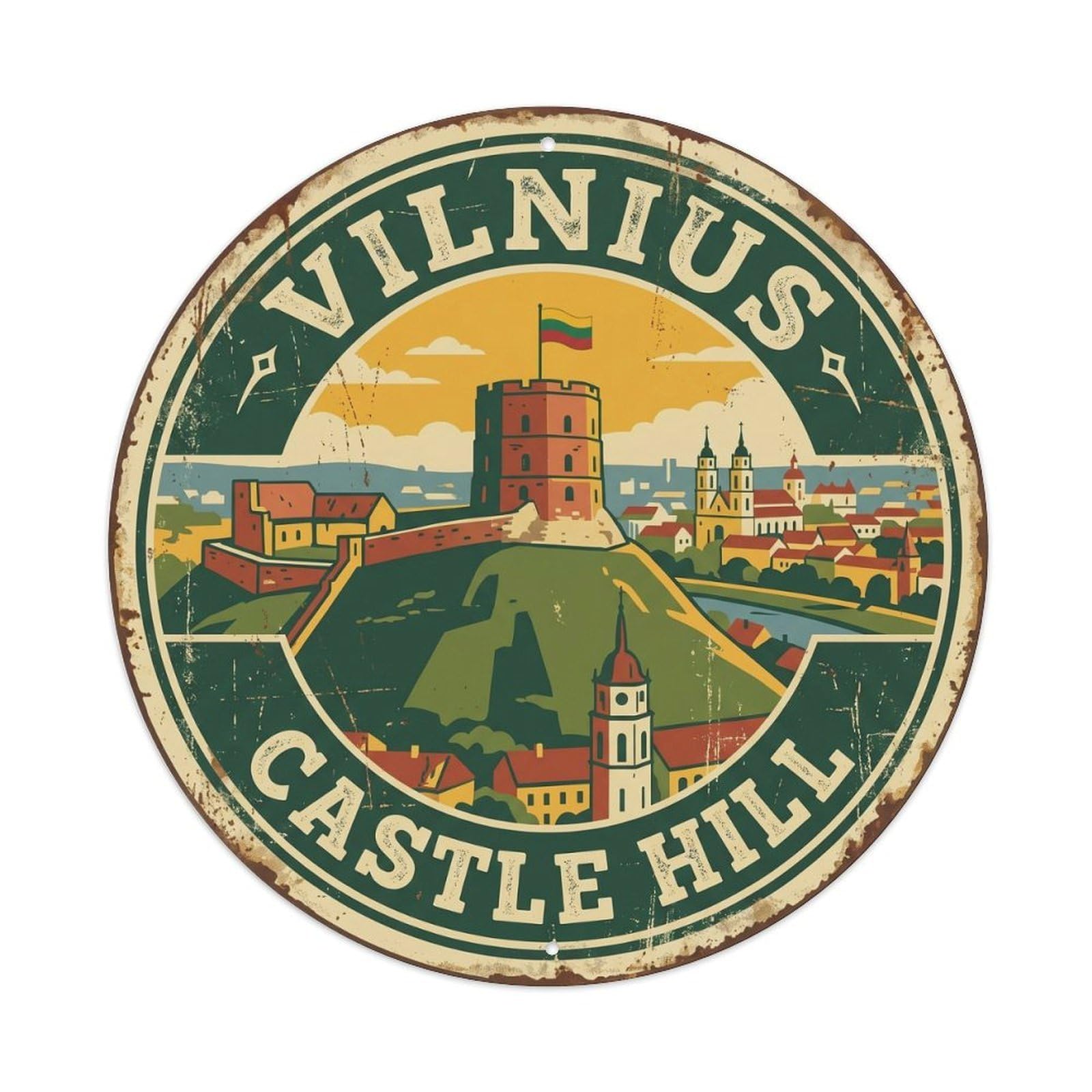 Vintage Travel Vilnius Castle Tower Metal Tin Sign Plaque Wall Decor for Cafe, Club, Garden Round Metal Poster 8x8Inch