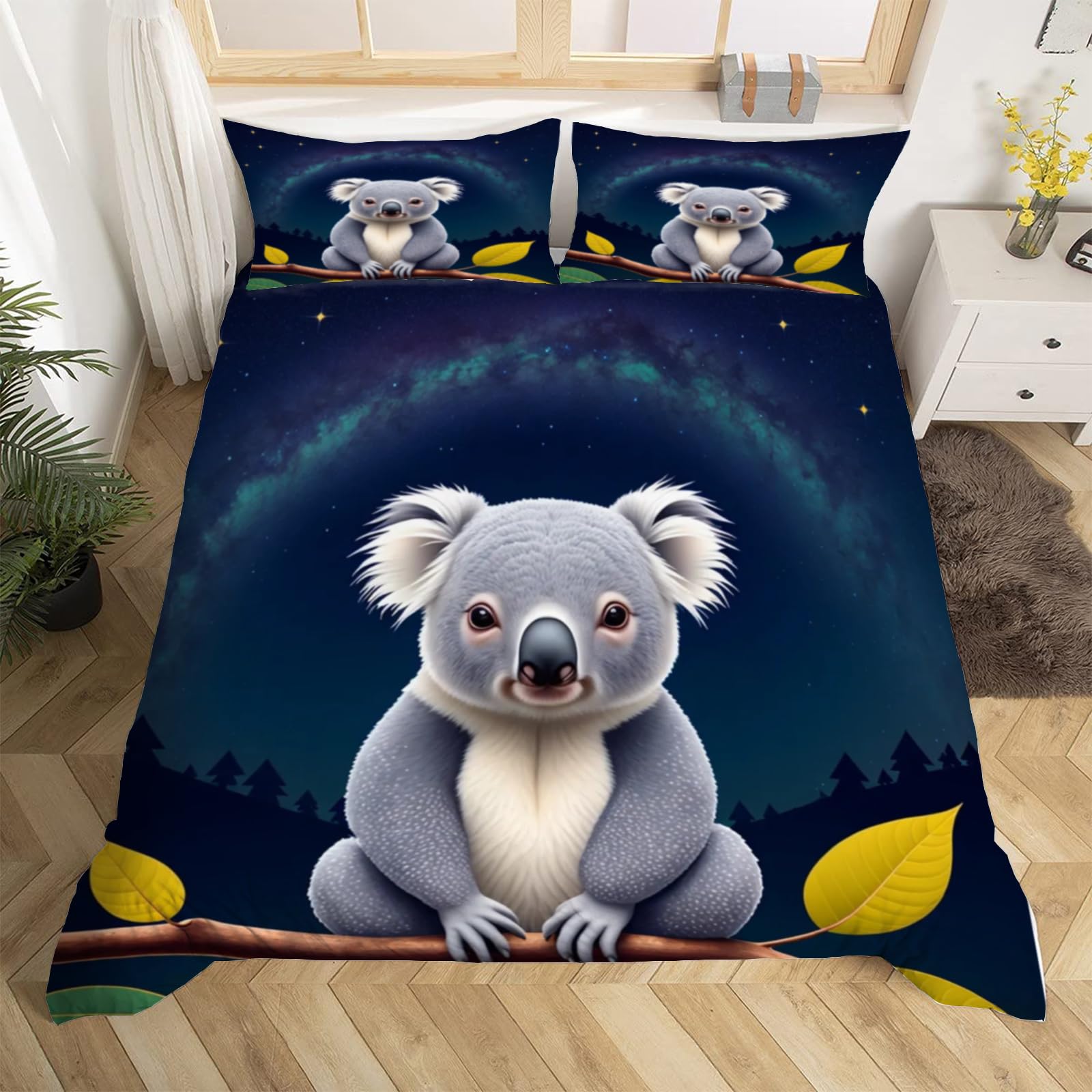 Housse de couette 140x200 koala 3d microfibre parure de lit 1 personne enfant adulte avec zip