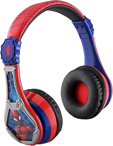 eKids Spiderman - Auriculares inalámbricos Bluetooth portátiles con micrófono, volumen reducido para proteger la audición batería recargable,
