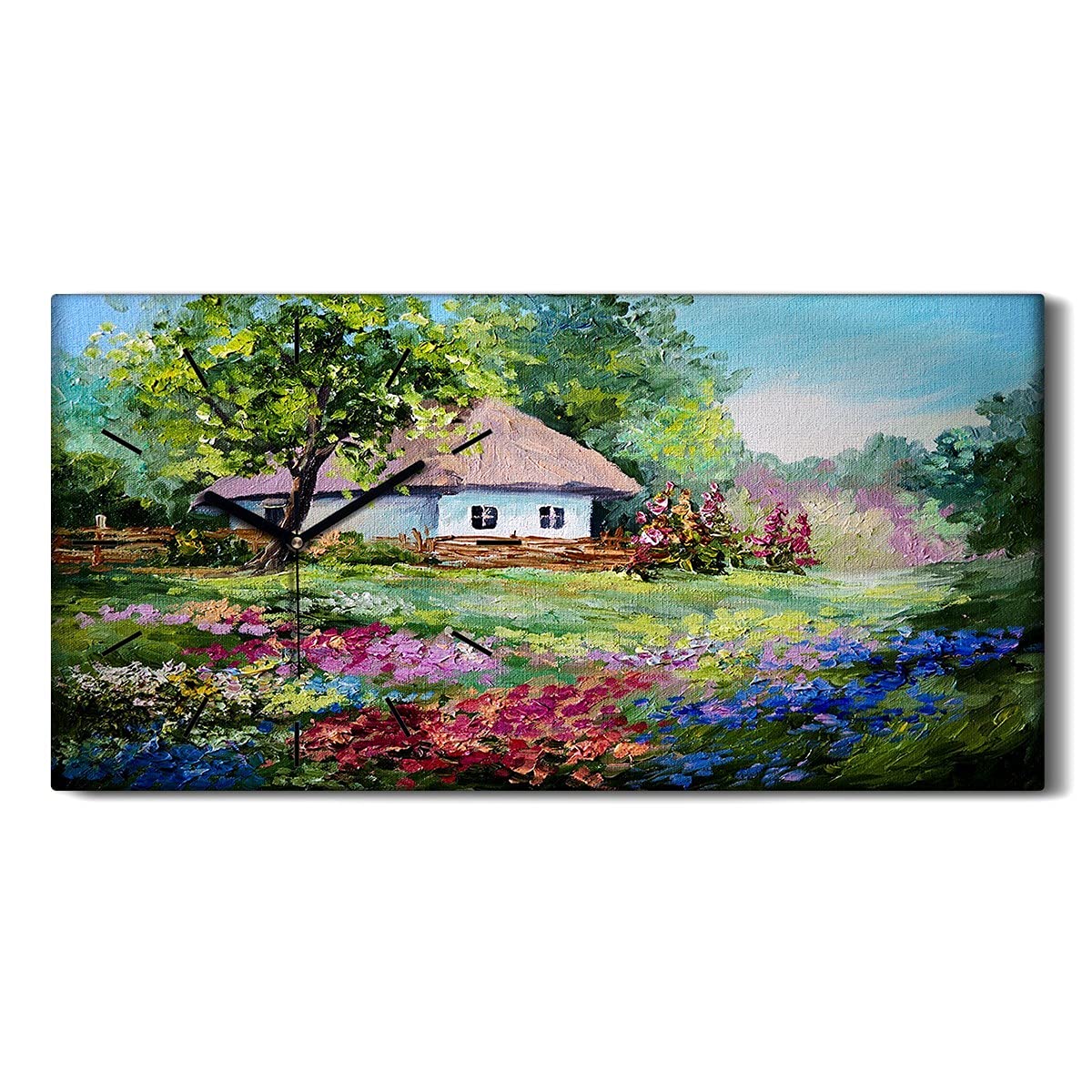 Horloge sur toile de salon tableau moderne Coloray imprimé prairie et fleurs sauvages