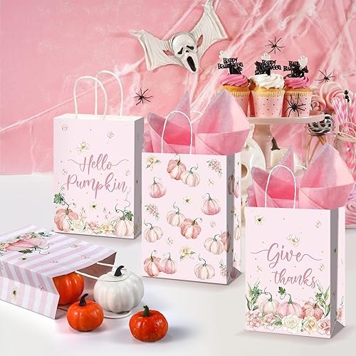 Miniatura 5 de Capoda 24 bolsas de regalo de Acción de Gracias, bolsas de regalo de calabaza rosa a granel con asa y papel de seda, bolsas de agradecimiento,
