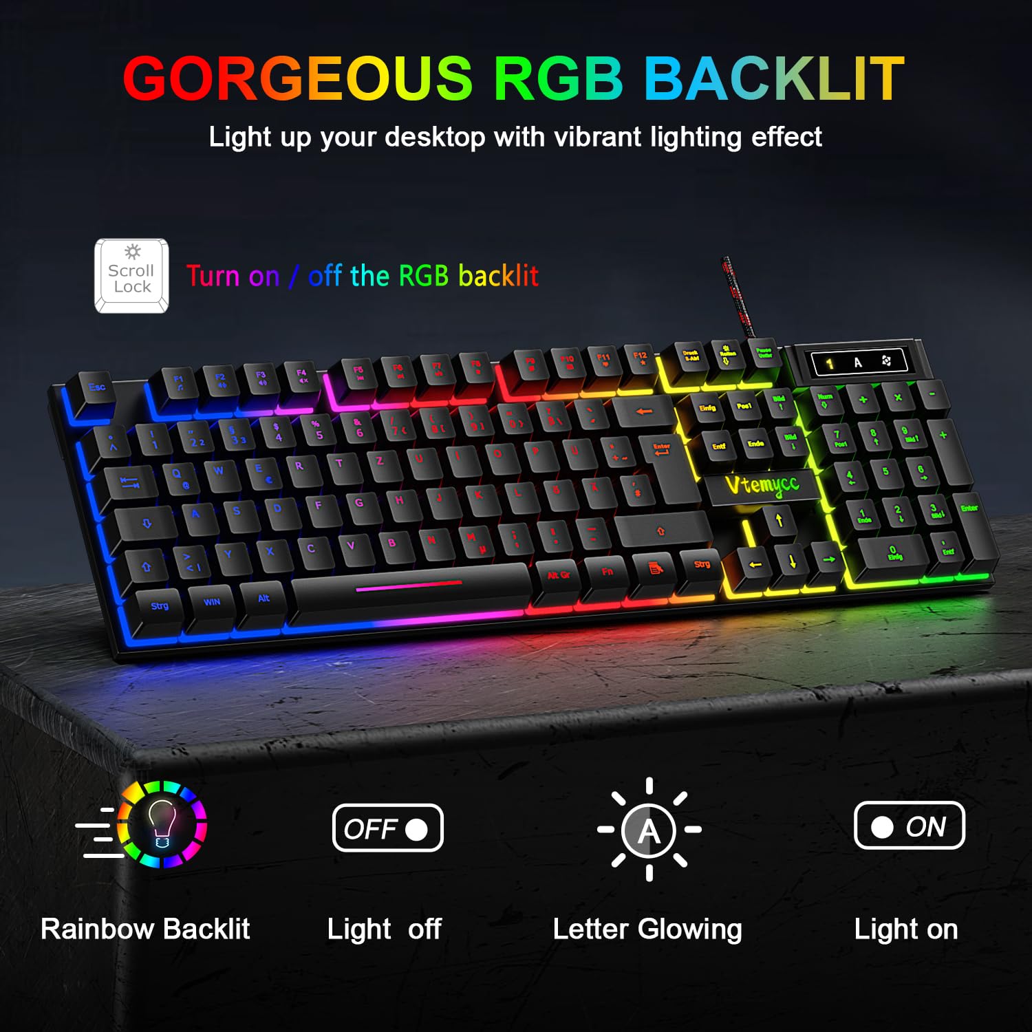 Gaming Tastatur und Maus Set, QWERTZ DE Layout, RGB Hintergrundbeleuchtung Tastatur Beleuchtet, 4 Farben Ergonomische Gaming Maus, USB Kabelgebundene Tastatur Maus mit Mauspad für PC, Mac
