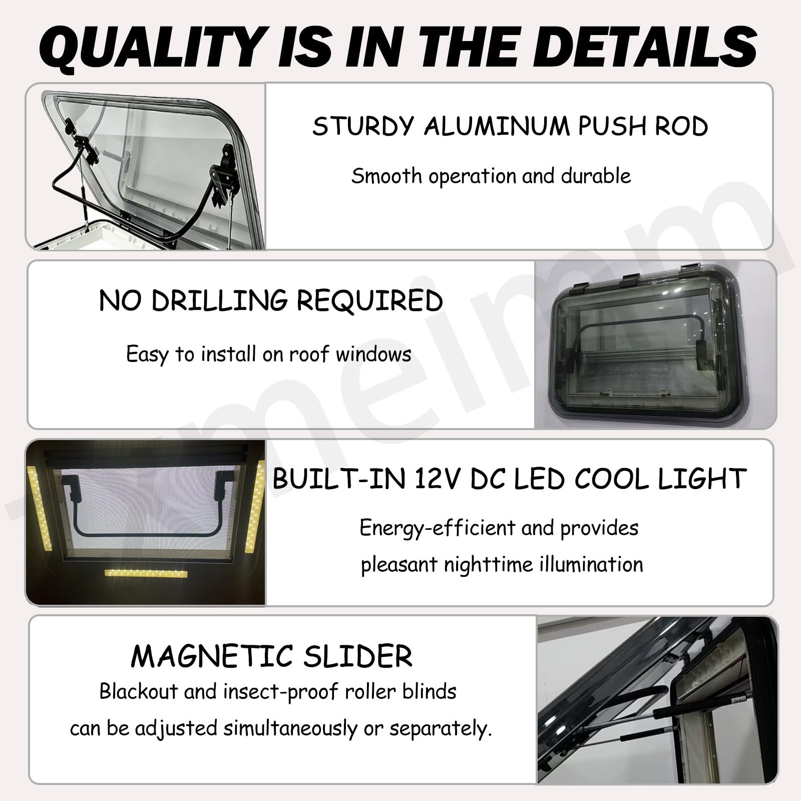 Escotilla de Techo para RV de aleación de Aluminio con Cubierta acrílica Anti-UV — Claraboya de ventilación LED para autocaravanas, Campers, caravanas y vehículos modificados 96 * 65cm