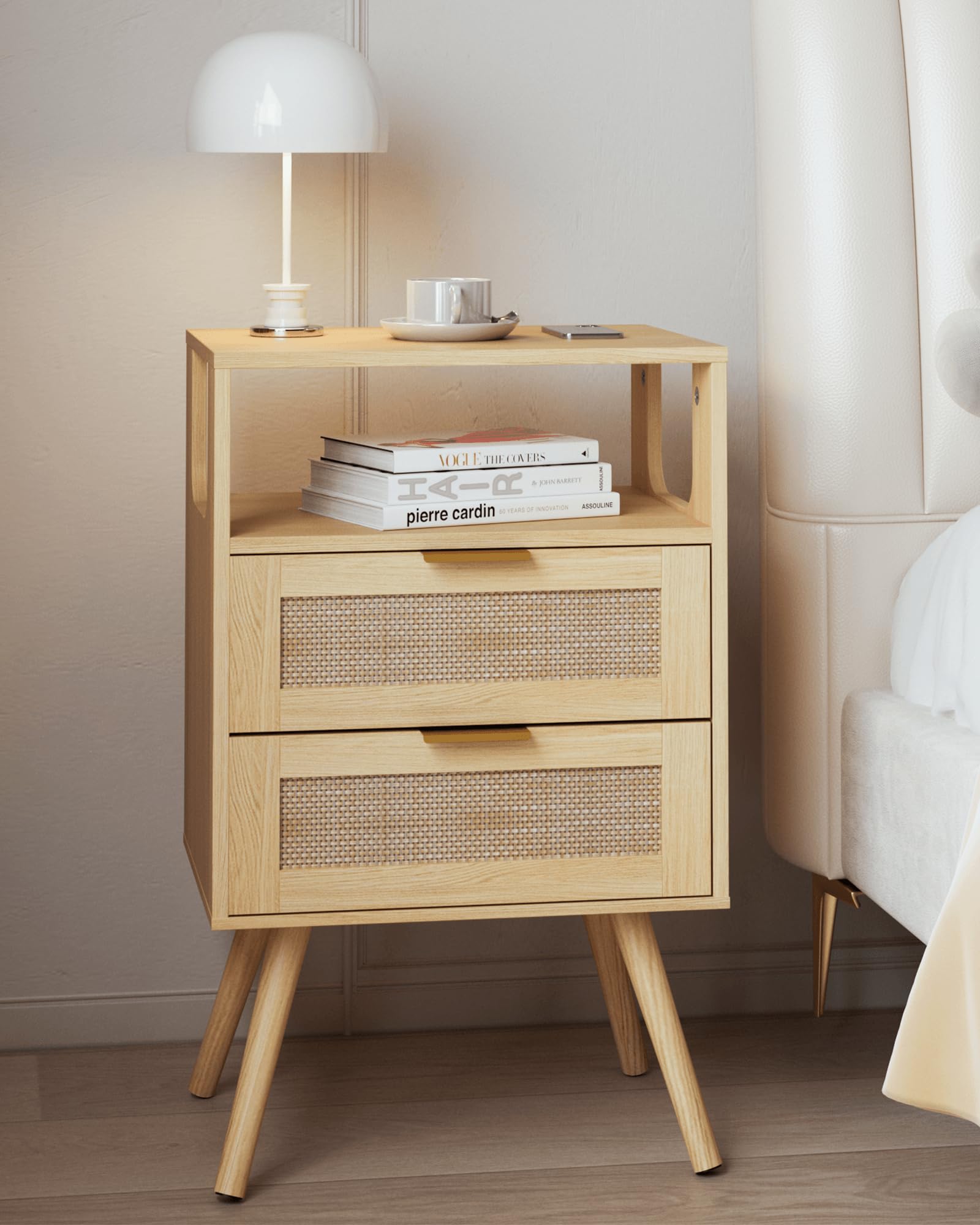 JERX Rattan Bedside Table, Farmhouse Nightstand with 2 Storage Drawer and Open Wood Shelf, for Bedroom and Small Spaces, Accent Bedside Cabinet with Solid Wood Legs, Easy Assembly Yellow Oak