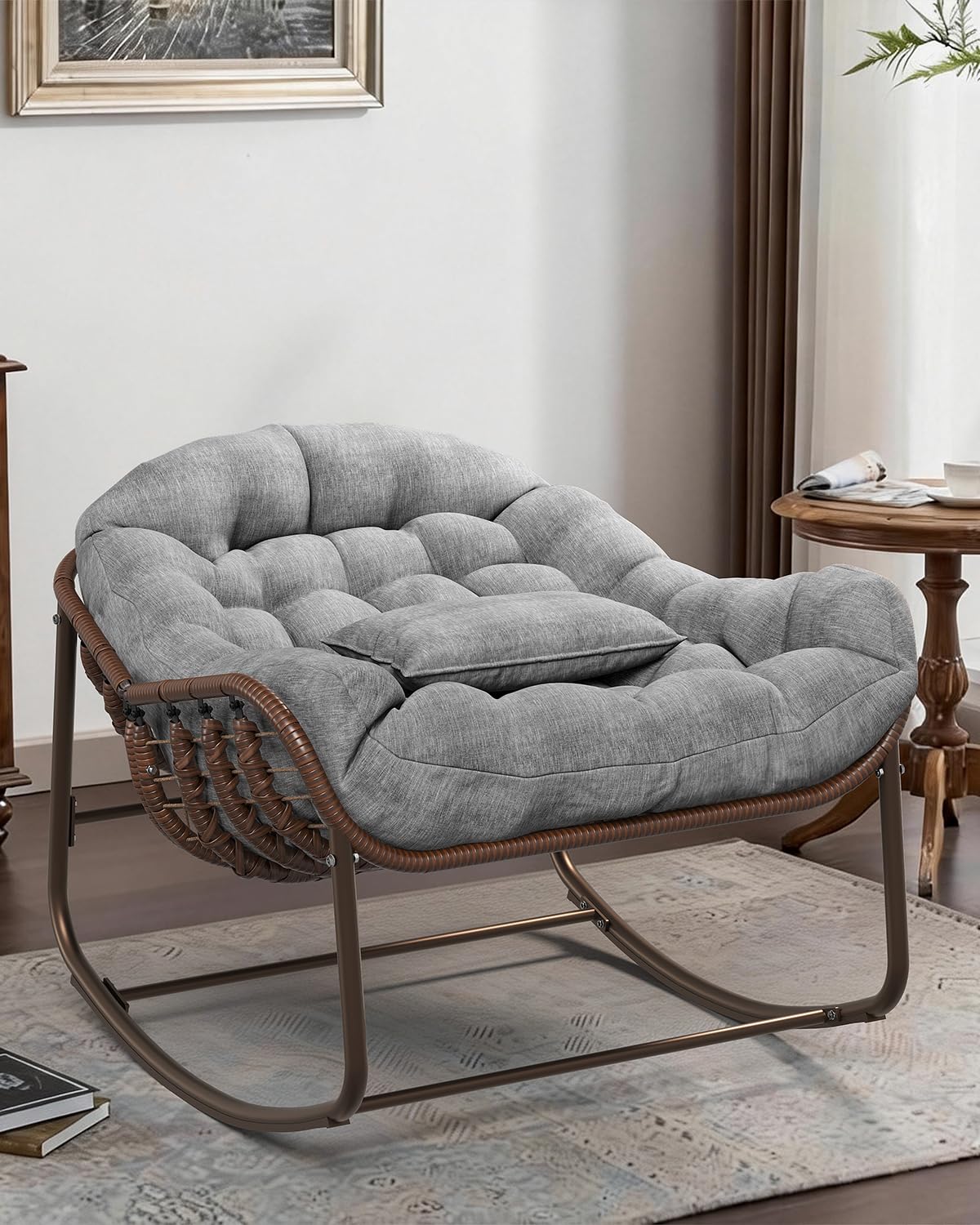Papasan Schaukelstuhl Übergröße für Garten & Balkon – Rattan Ei-Design, Dicke Polsterung, Metallrahmen – Bequemer Outdoor & Indoor Lounge Sessel für Terrasse, Wohnzimmer, Schlafzimmer –