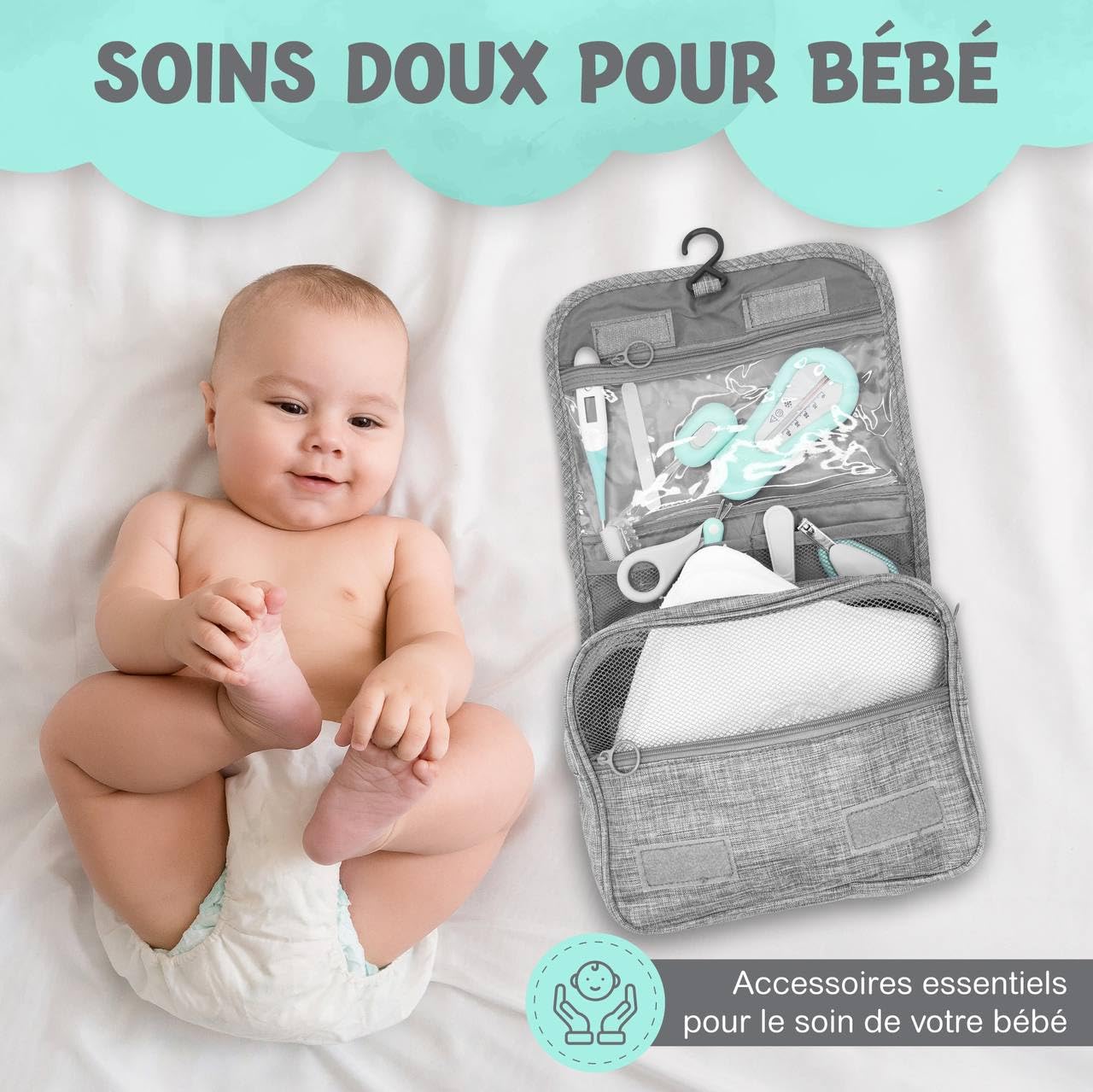 Trousse de Soin Bébé - Dés la naissance -Grand format, Kit Soin Bébé Naissance, 13 Articles Inclus: Débarbouillettes 100% Coton, Thermomètre de Bain, Brosse à Dent en Silicone, et Plus