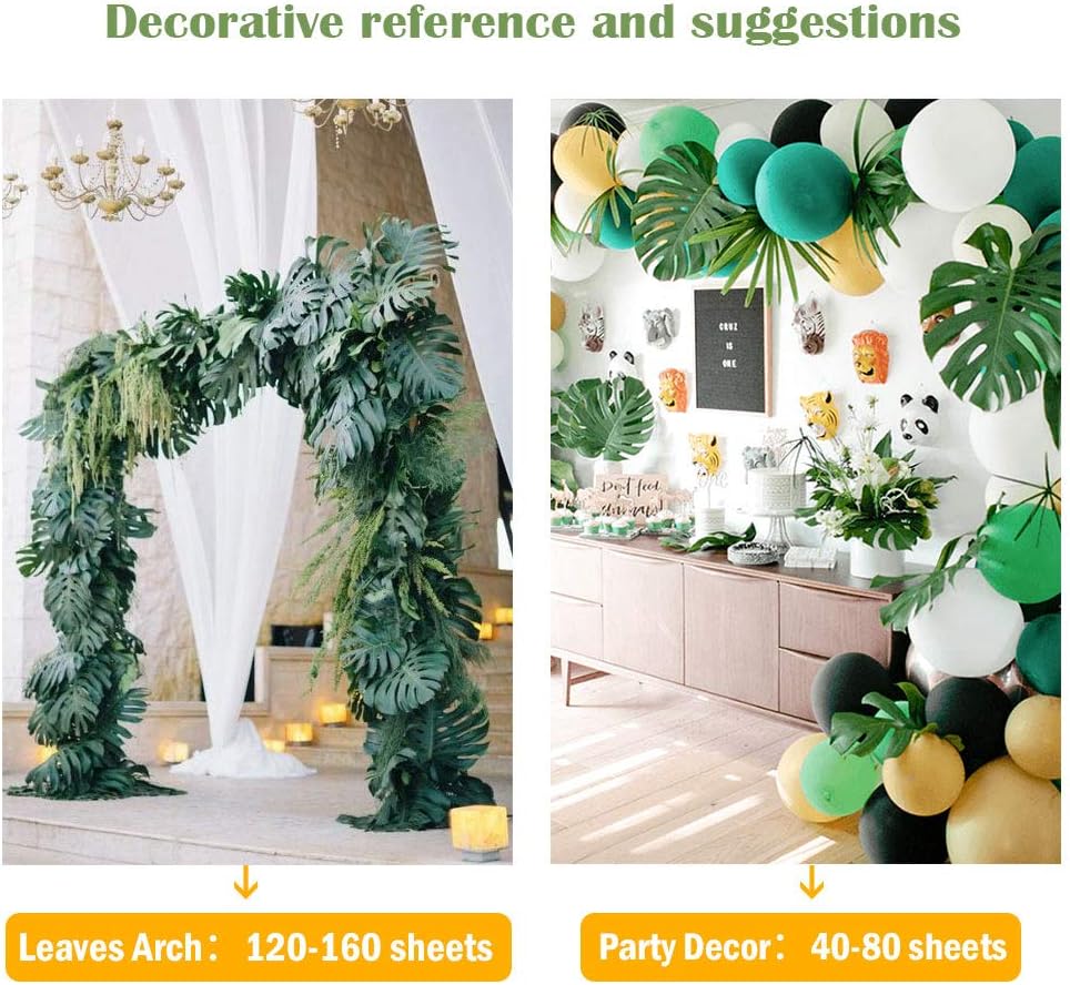 AerWo 48 Pcs Palm Leaves, Artificial Tropical Monstera Fake Leaves, Fake Palm Leaf for Safari Jungle Hawaiian Dinosaur Luau Party Table Decor Wedding Birthday Theme Greenery Party Table Decorations - Image 8