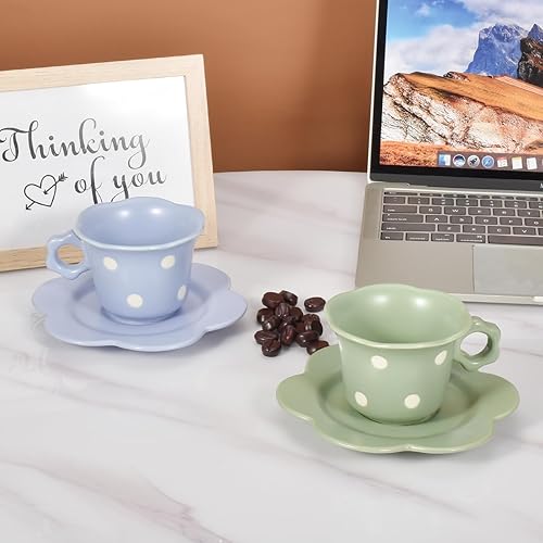 Miniatura 6 de Koythin Taza de café de cerámica con platillo, lindo plato creativo de girasol con punta ondulada para oficina y hogar, apto para lavavajillas y