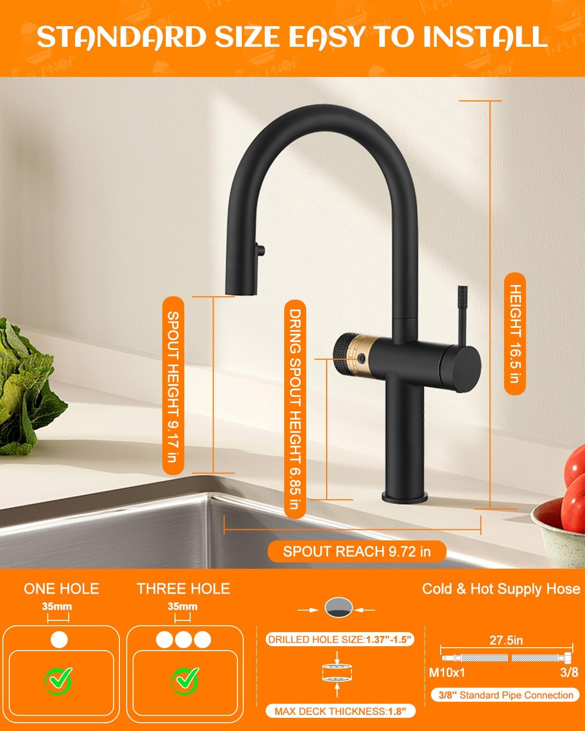 Kitchen Sink Faucet with Drinking Water Outlet, 2 in 1 High Pressure Single Handle Pull Out Kitchen Faucet with Sprayer Commercial Modren Style, Fit for 1 Hole Stainless Steel Matte Black