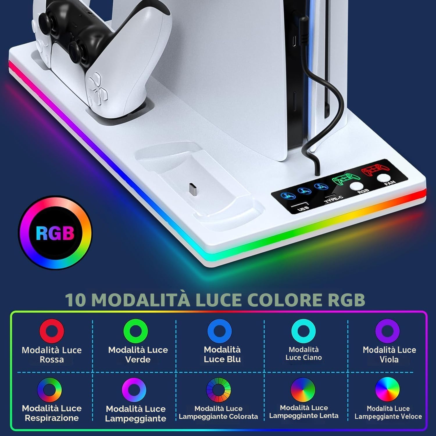 PS5 Supporto Verticale con Ricarica Controller e Ventola di Raffreddamento per PlayStation 5 Pro, Slim, Standard