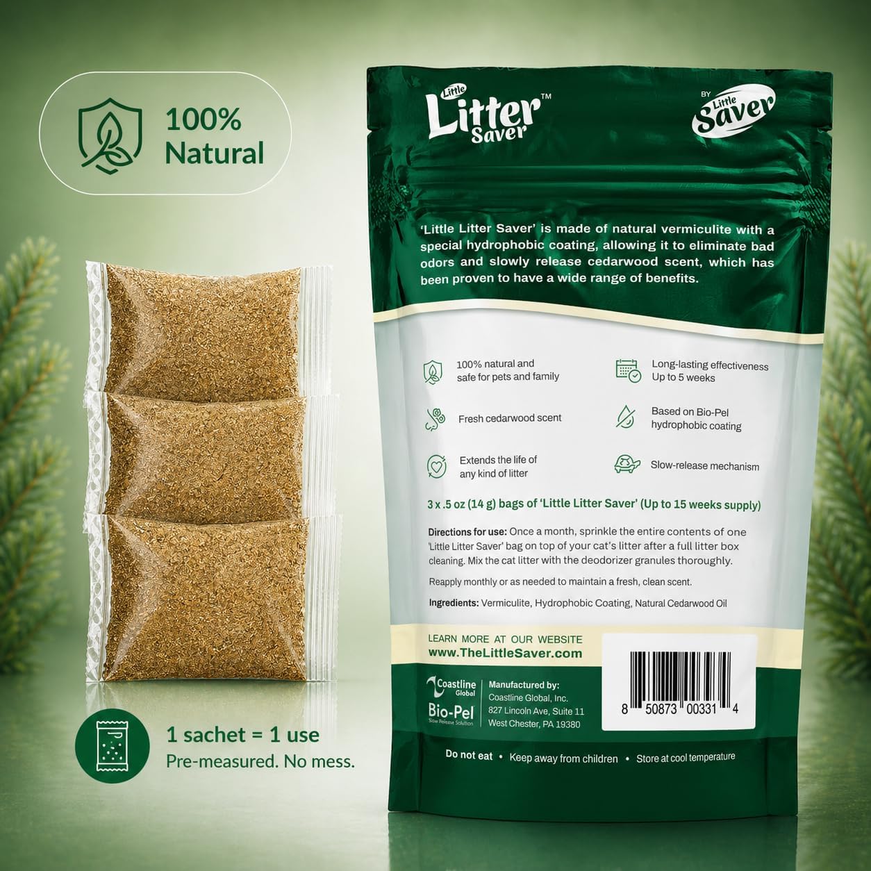 Little Litter Saver | a New Generation Of Cat Litter Box Deodorizer | Unique Formula for Slow Release | Natural Fresh Scent | Up to 15 Weeks Supply | 3 x 0.5oz bags (Cedar) image 2