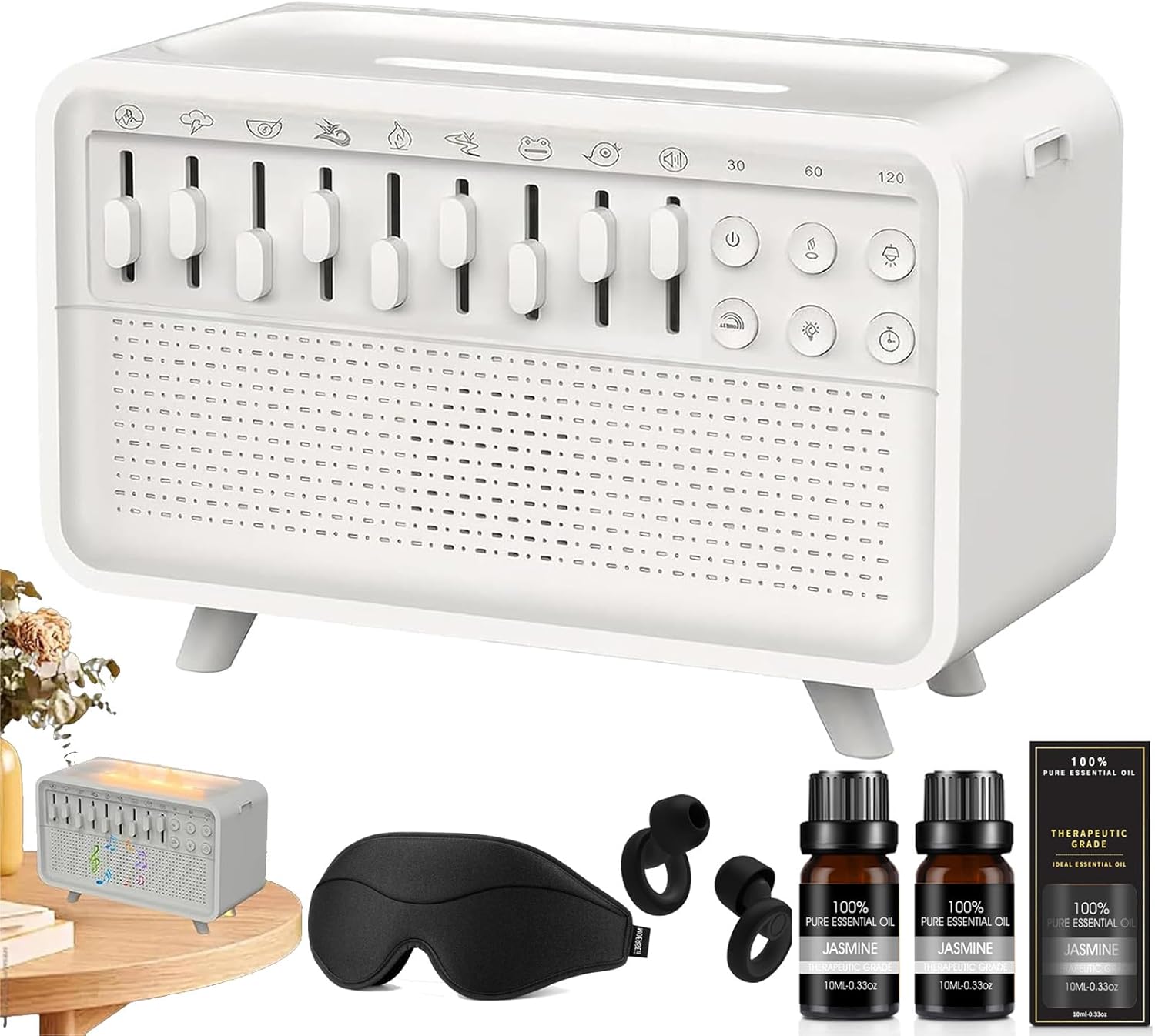 Humifall Noise Humidifier, Sleep Sound Machines with 8 Group Nature Sound, White Noise Sound Machine with Essential Oils & Timer, Flame Diffusers for Sleep & Relax (White*1, Jasmine)