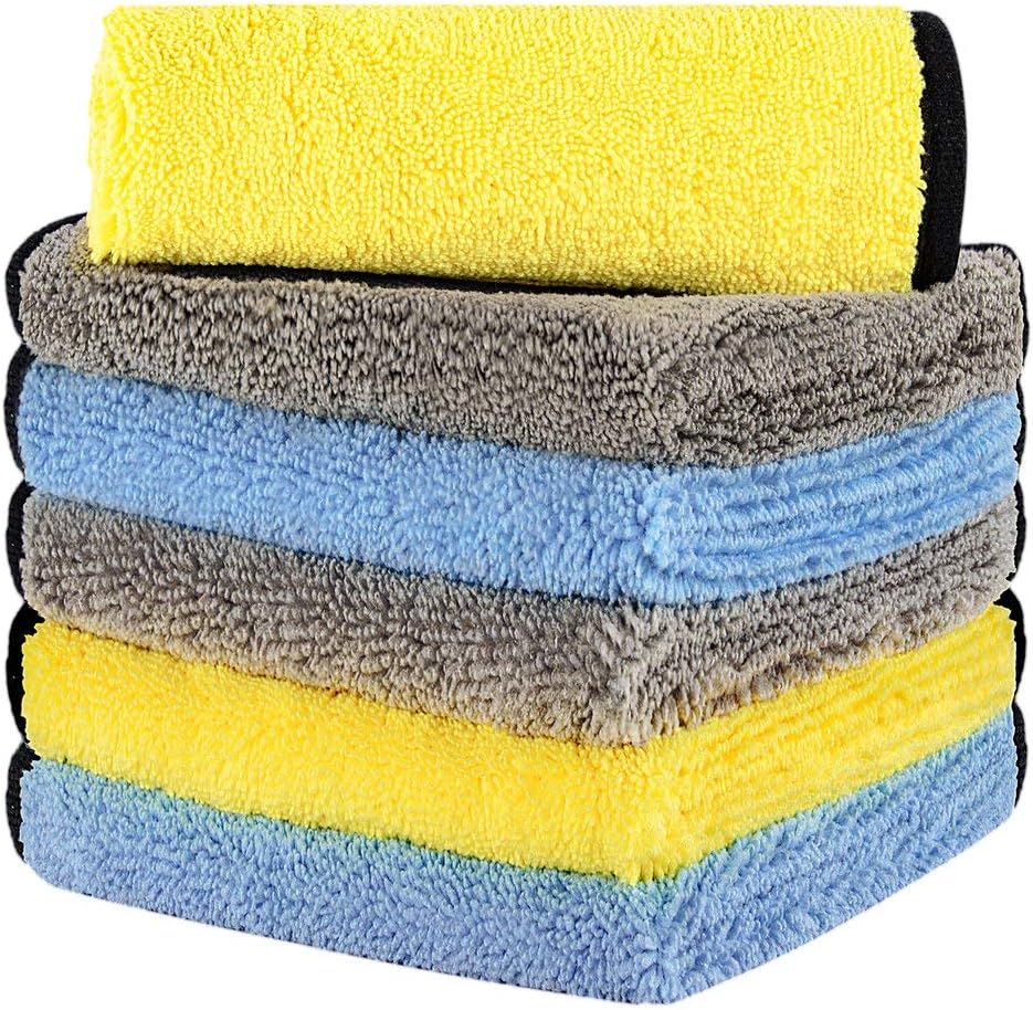 HOTOR Ultra Thick Microfiber Cleaning Cloths, 16in x 16in Thickened and Absorbent Microfiber Towels with Great Bibulous Performance, Ideal for Car & Home Use, Blue, Yellow and Grey - 6 Pack